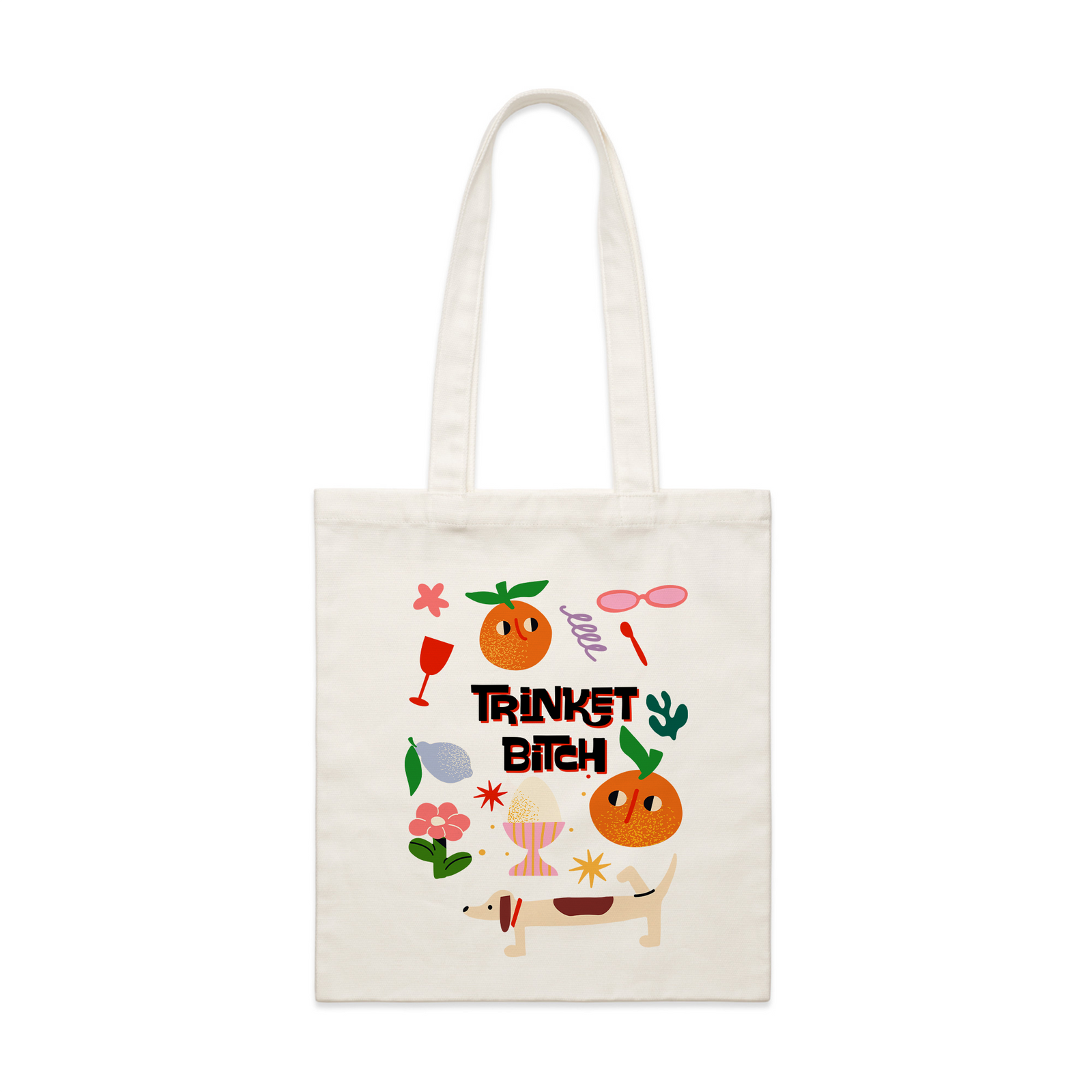 Cream parcel tote with Trinket Bitch Tote graphic by Lonely Kids Club