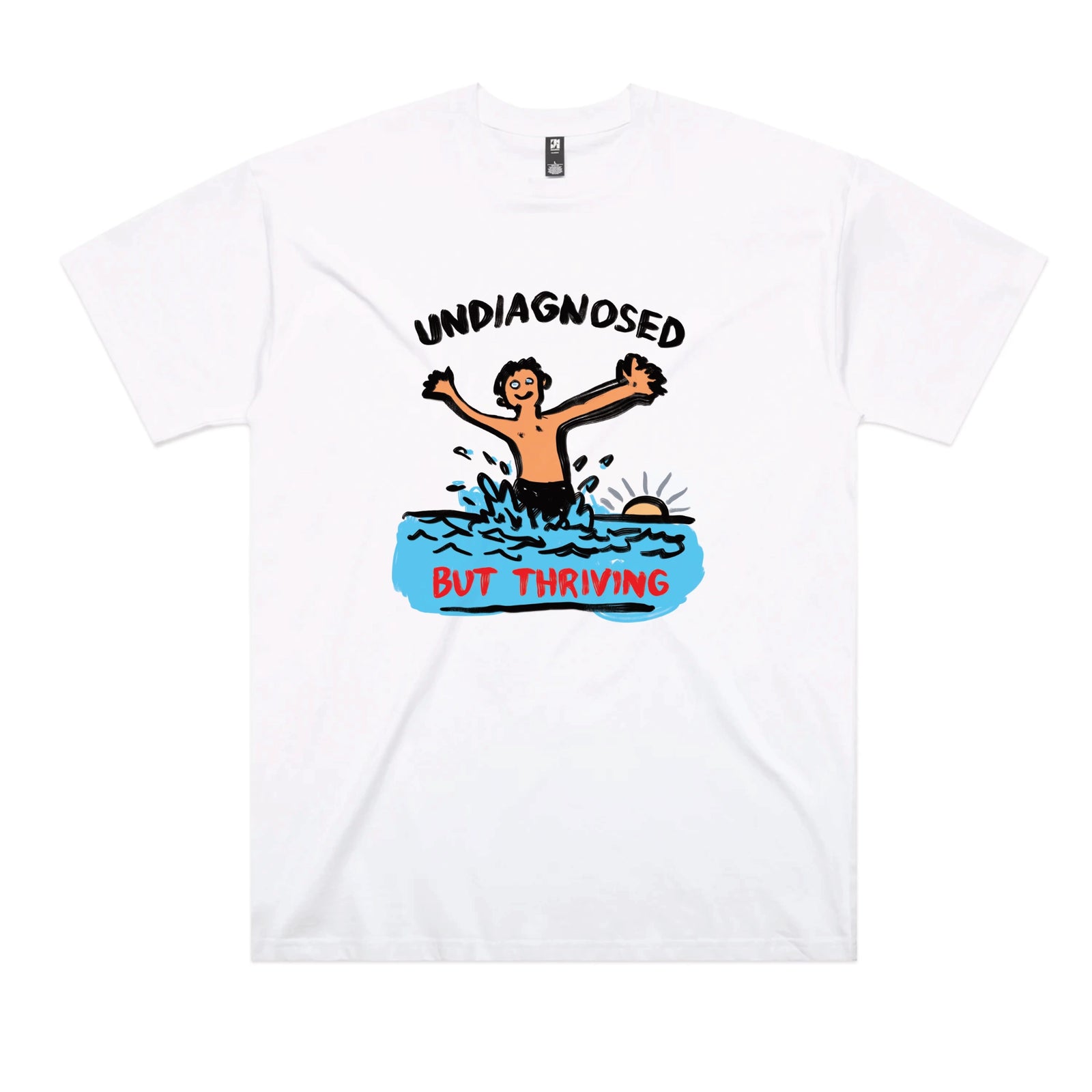 White oversized t-shirt with Undiagnosed But Thriving graphic by Lonely Kids Club