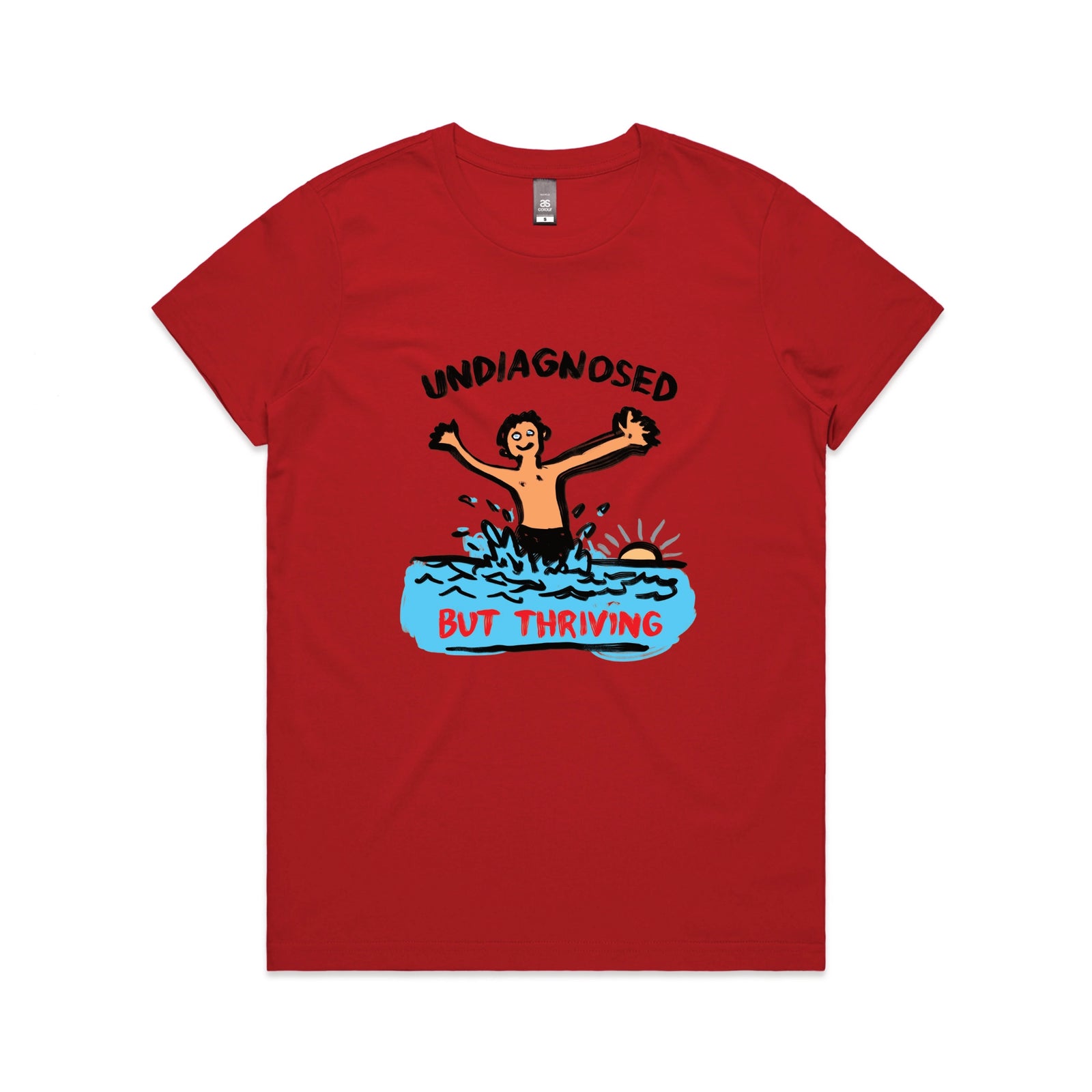 Red fitted womens t-shirt with Undiagnosed But Thriving graphic by Lonely Kids Club