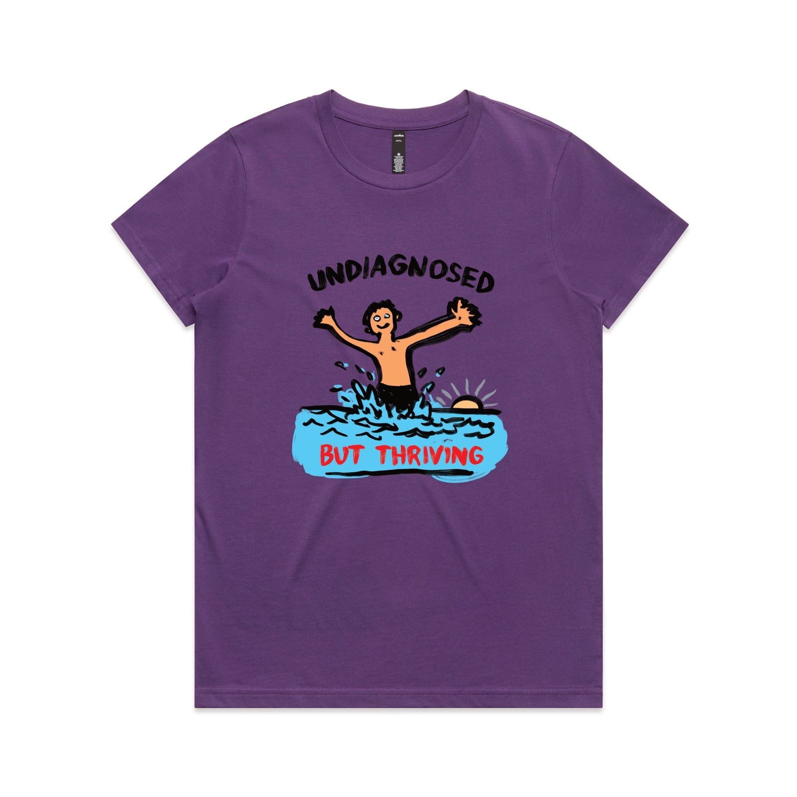 Purple fitted womens t-shirt with Undiagnosed But Thriving graphic by Lonely Kids Club