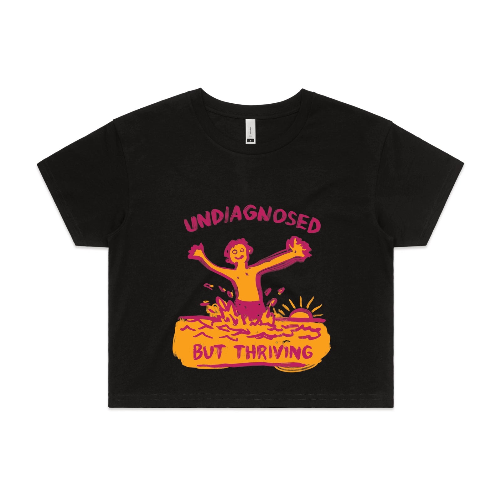 Black crop top with Undiagnosed But Thriving graphic by Lonely Kids Club