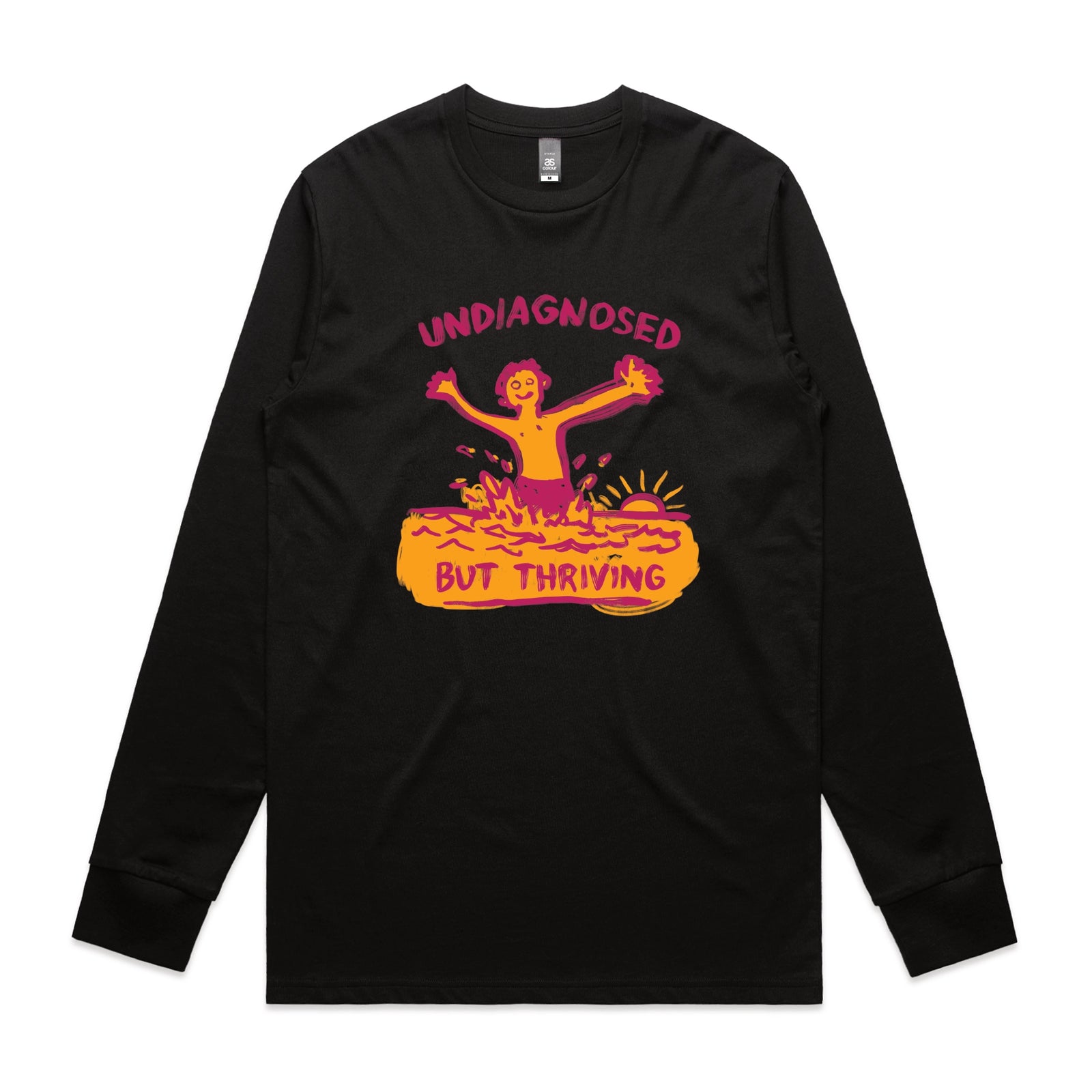 Black long sleeve t-shirt with Undiagnosed But Thriving graphic by Lonely Kids Club