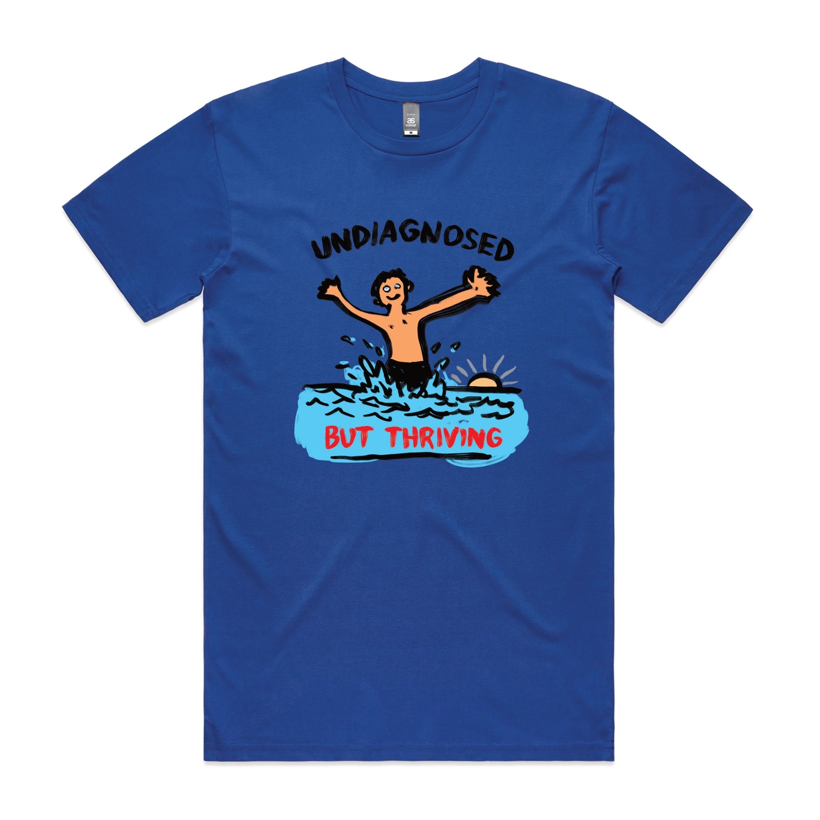 Royal Blue unisex t-shirt with Undiagnosed But Thriving graphic by Lonely Kids Club