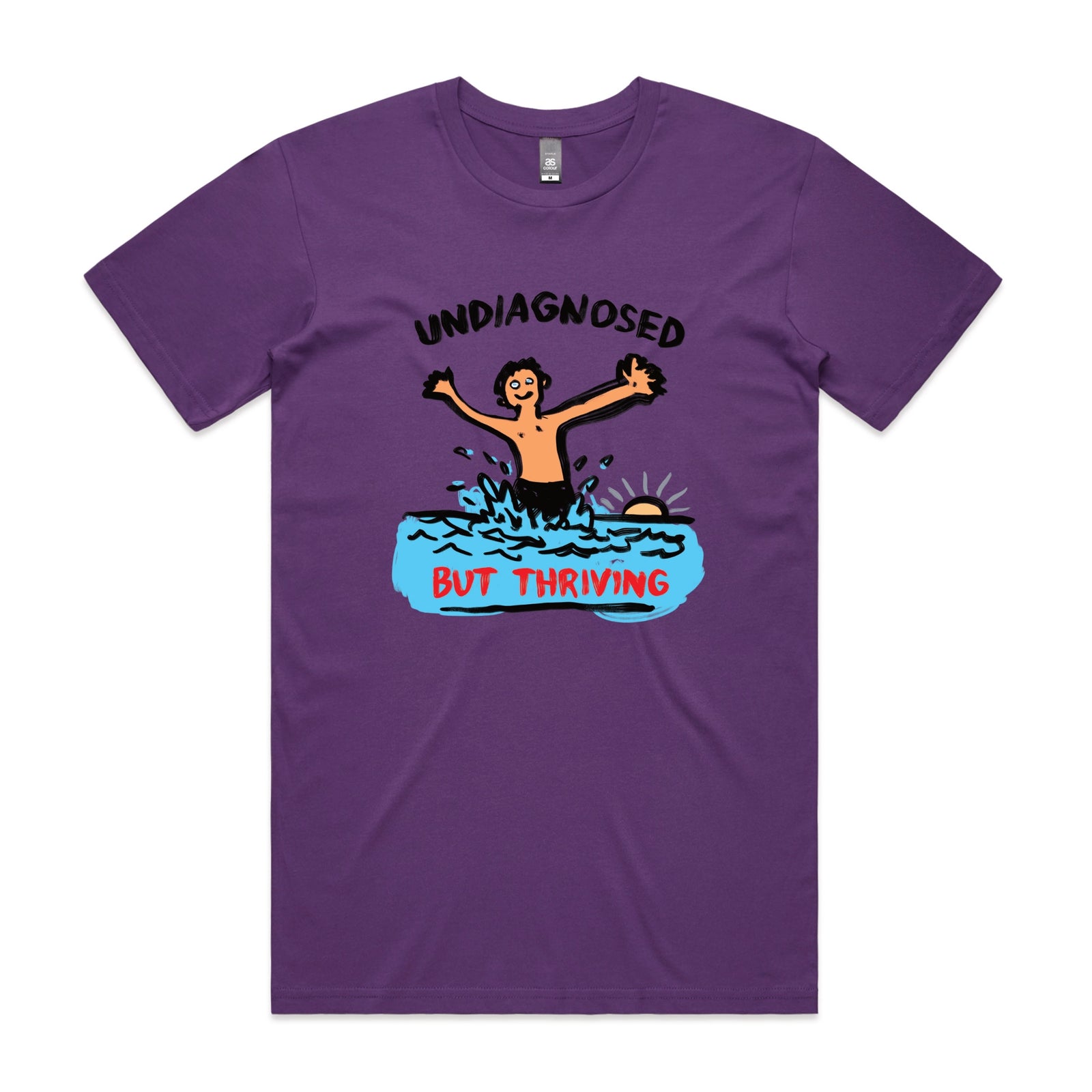 Purple unisex t-shirt with Undiagnosed But Thriving graphic by Lonely Kids Club