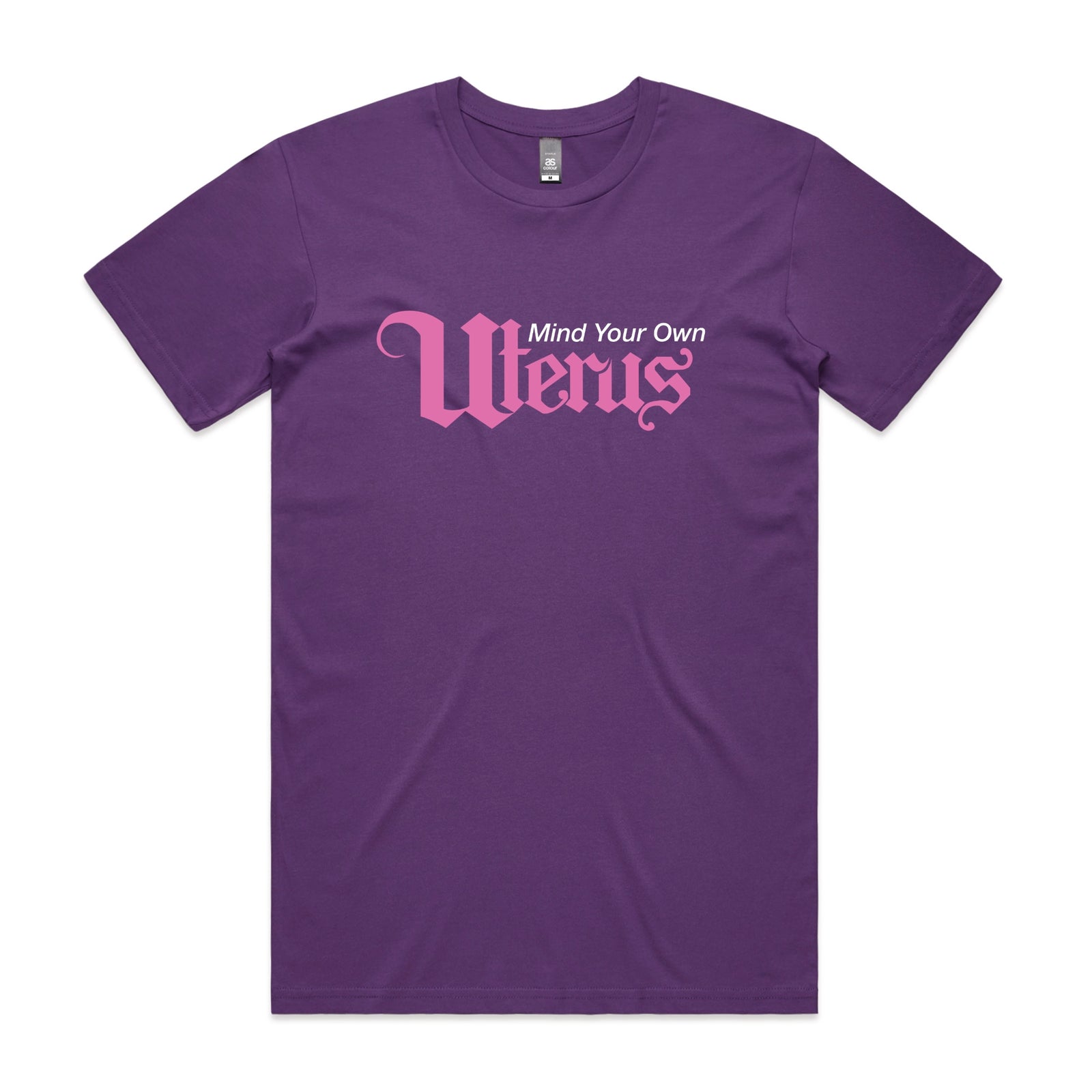 Purple unisex t-shirt with Mind Your Own Uterus graphic by Lonely Kids Club