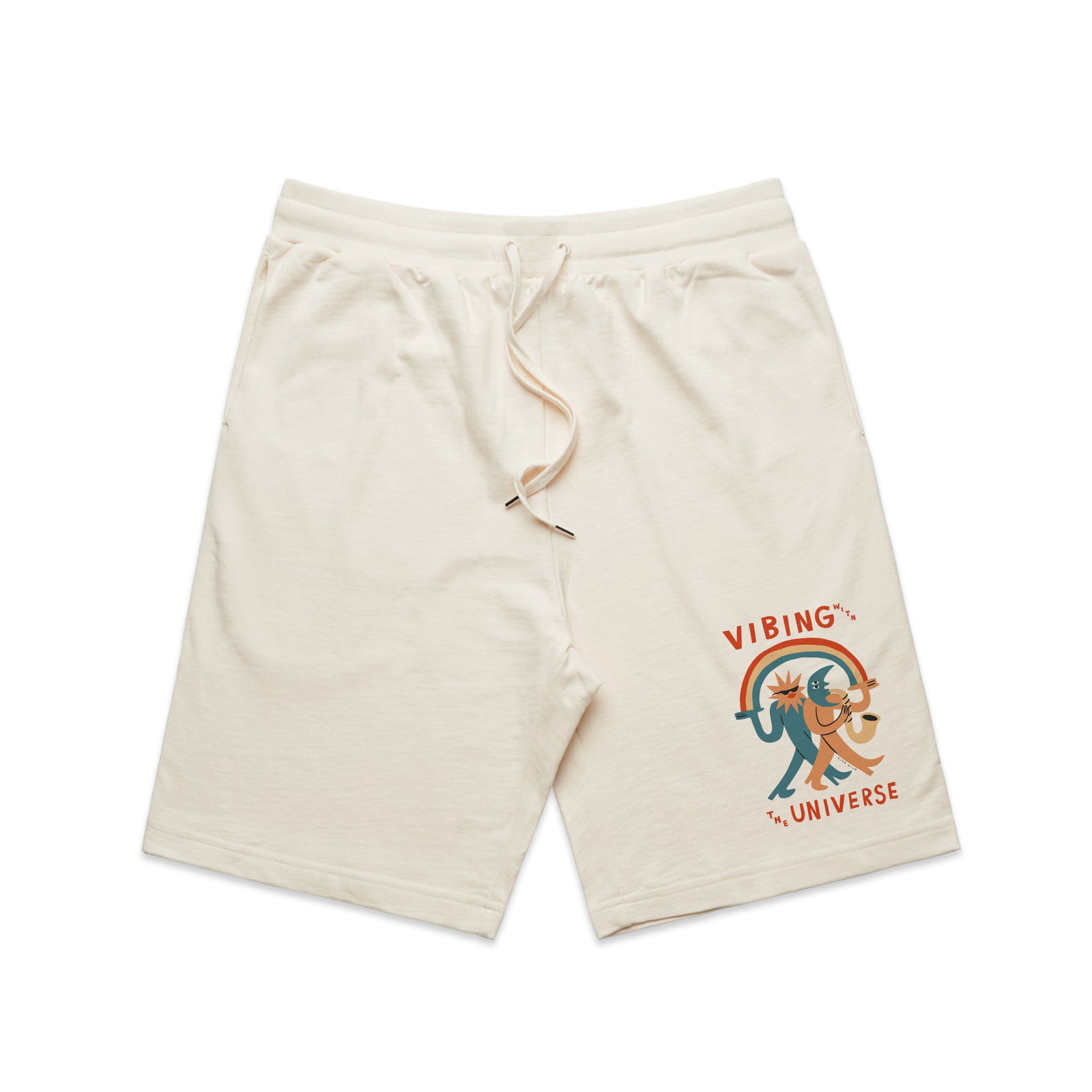 Ecru regular heavy shorts with Vibing With The Universe Shorts graphic by Lonely Kids Club
