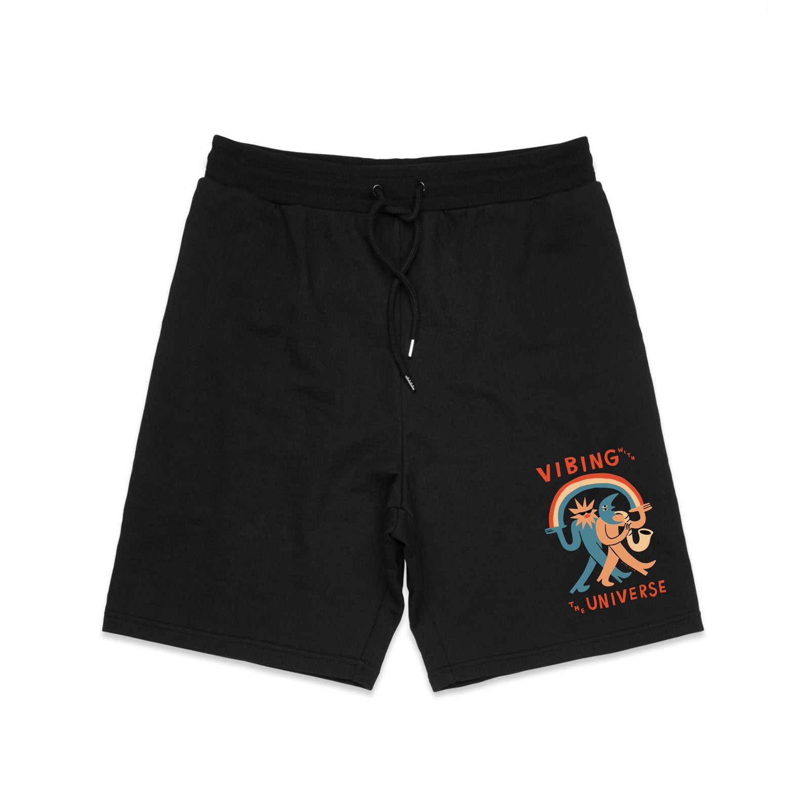 Black regular heavy shorts with Vibing With The Universe Shorts graphic by Lonely Kids Club