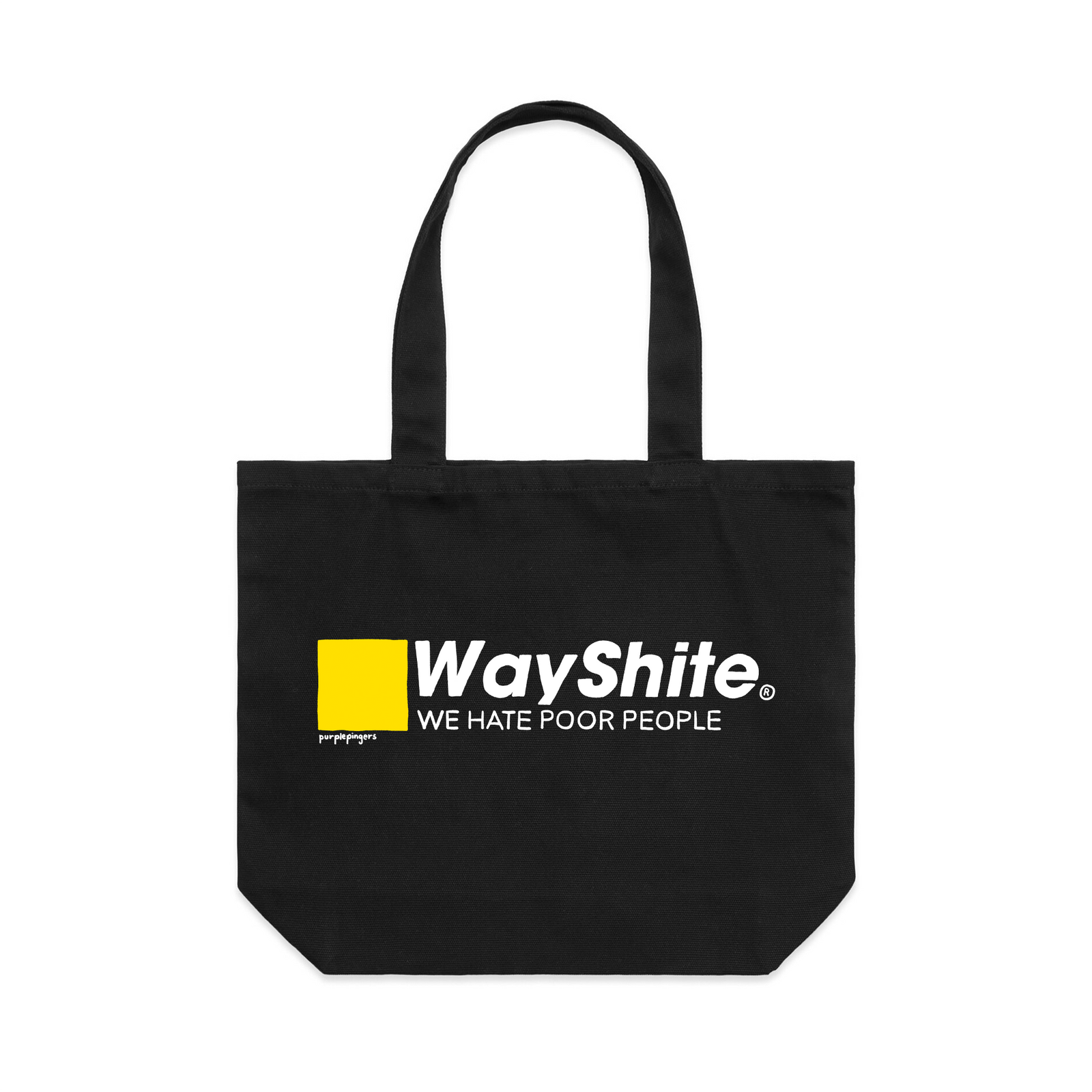 Black shoulder tote with Way Shite Tote graphic by Lonely Kids Club