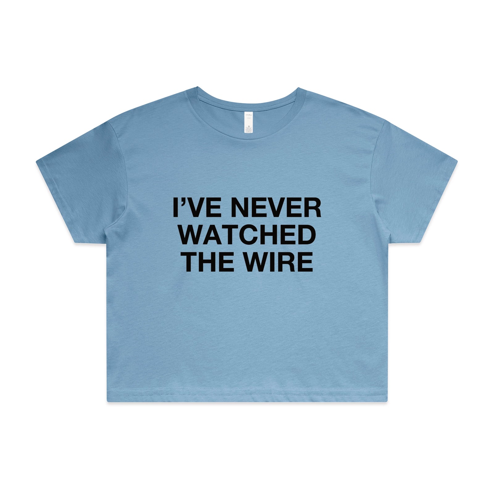 Carolina Blue crop top with The Wire TV graphic by Lonely Kids Club