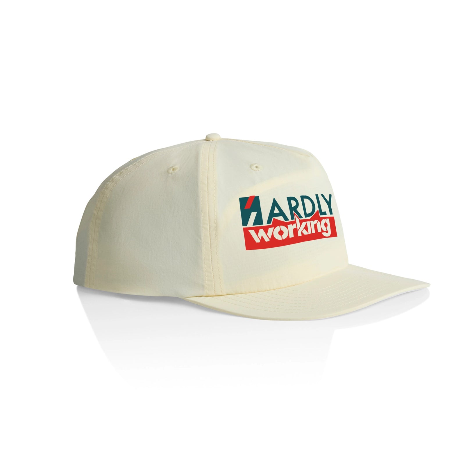 Ecru active cap with Hardly Working Hat graphic by Lonely Kids Club