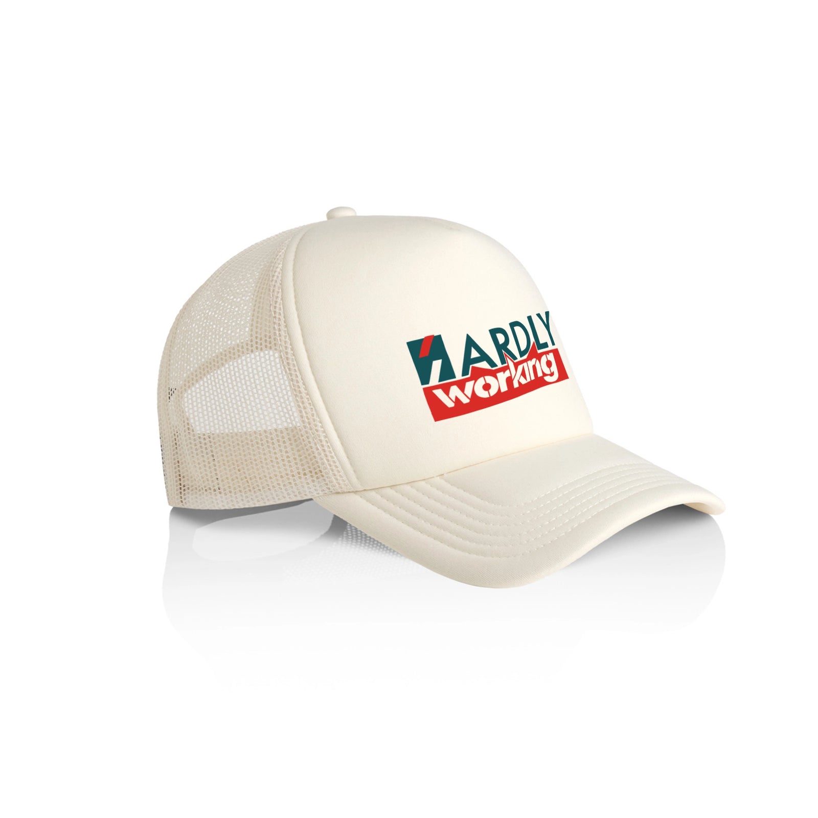 Ecru trucker cap with Hardly Working Hat graphic by Lonely Kids Club