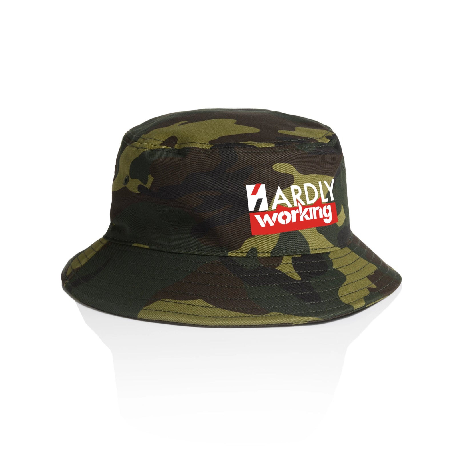 Camouflage bucket hat with Hardly Working Hat graphic by Lonely Kids Club