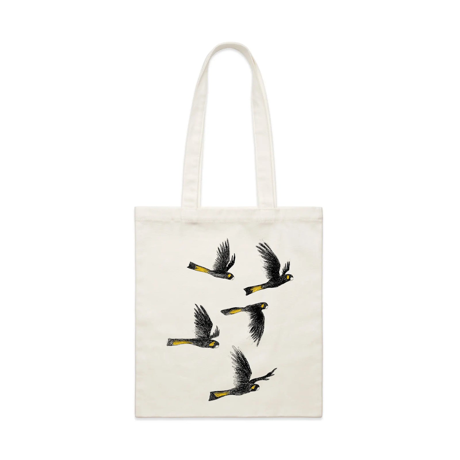 Cream parcel tote with Yellow Tailed Black Cockatoos Tote graphic by Lonely Kids Club