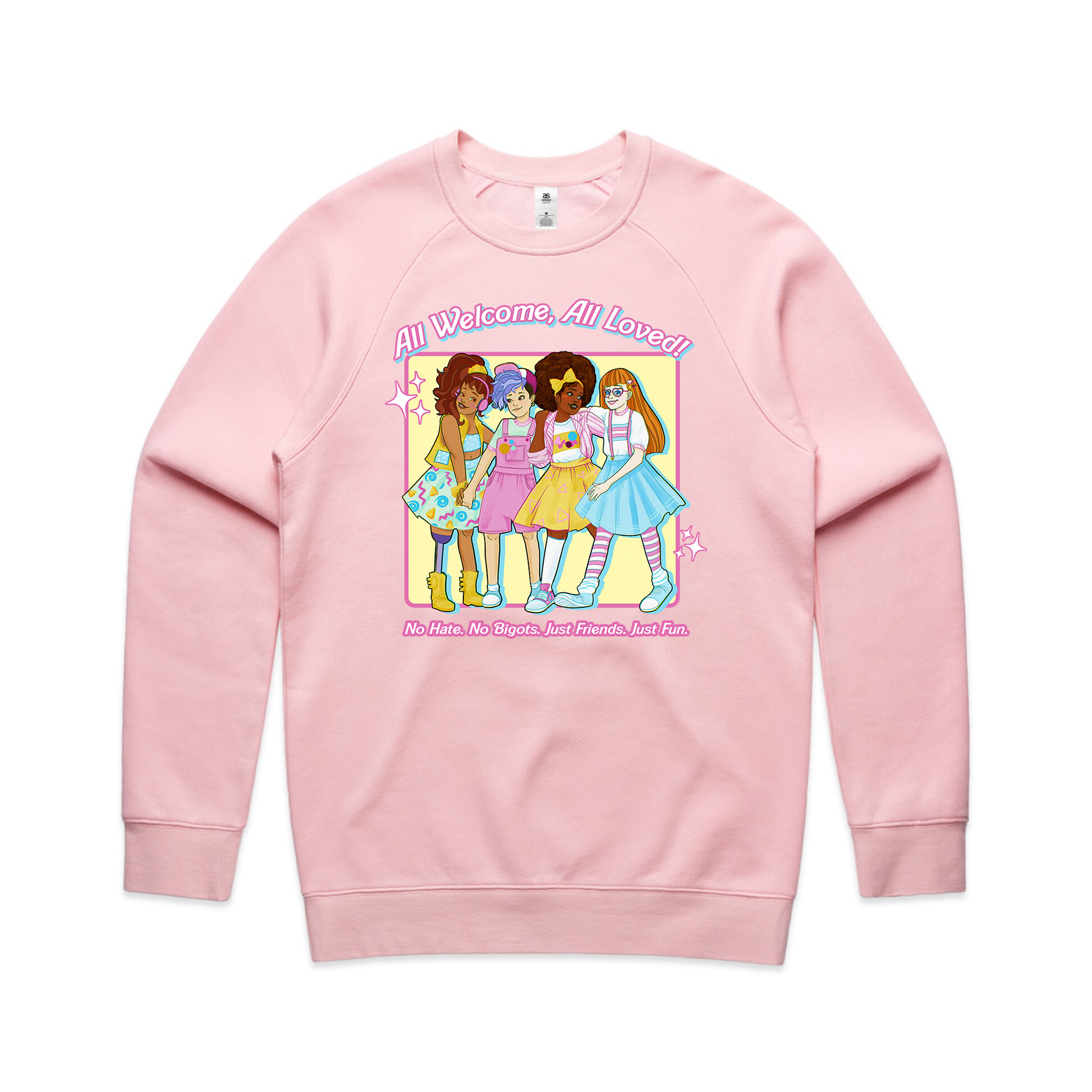 Pink regular jumper with All Welcome Jumper graphic by Lonely Kids Club