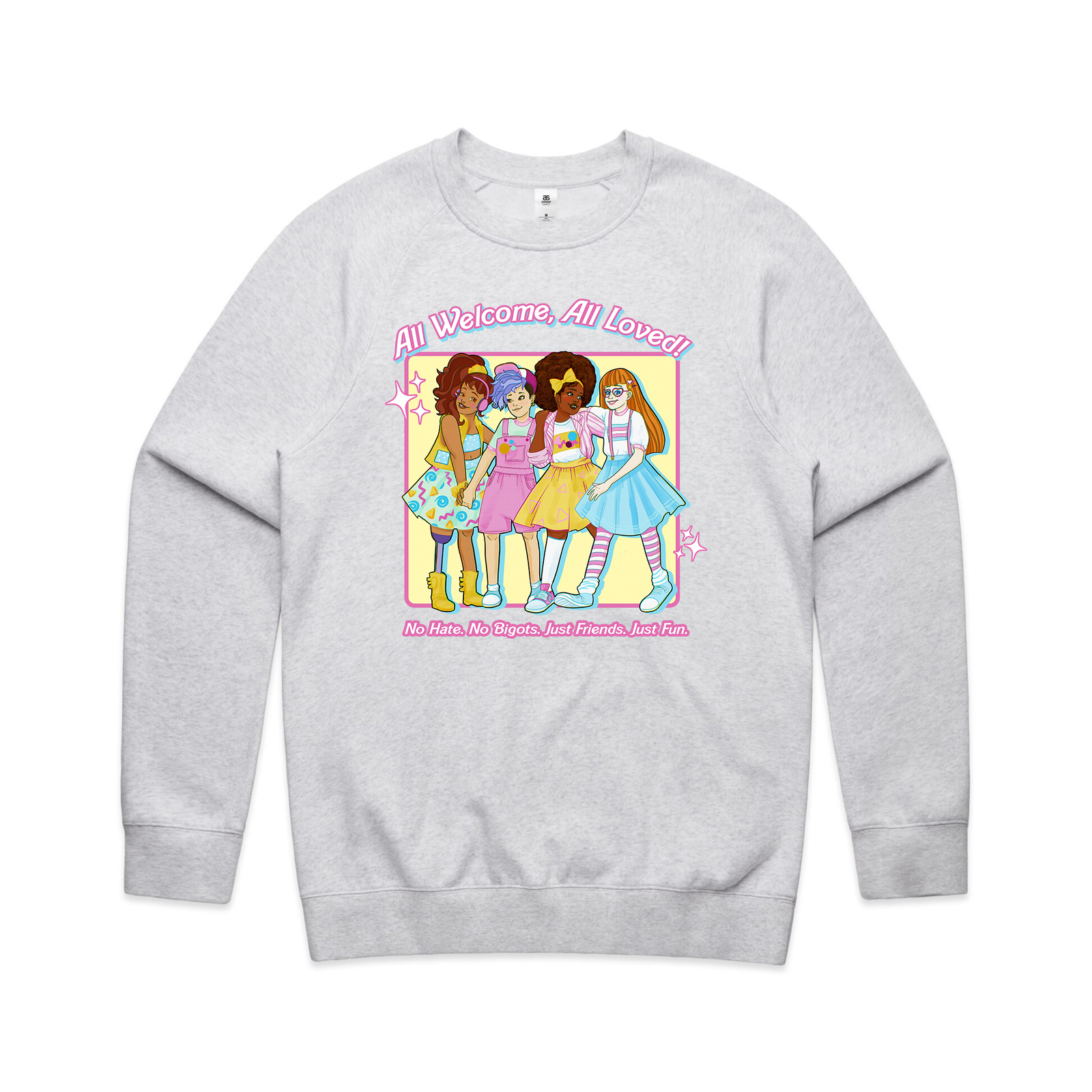 White Marle regular jumper with All Welcome Jumper graphic by Lonely Kids Club