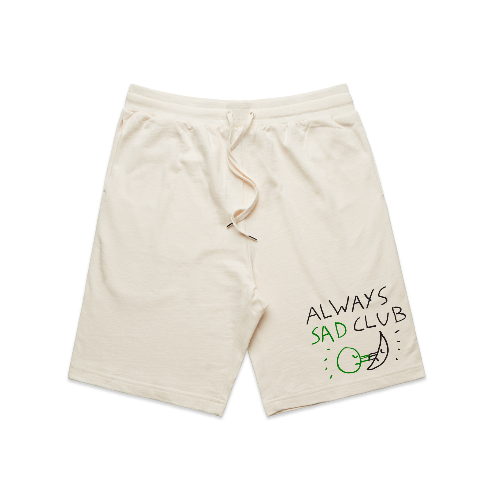Ecru regular heavy shorts with Always Sad Club Shorts graphic by Lonely Kids Club