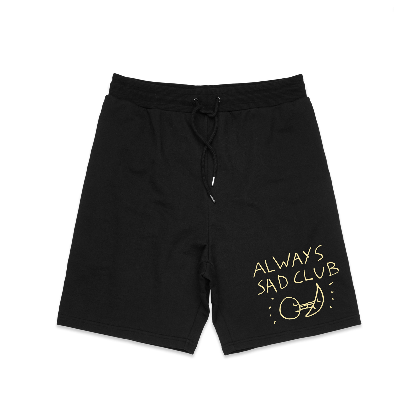 Black regular heavy shorts with Always Sad Club Shorts graphic by Lonely Kids Club