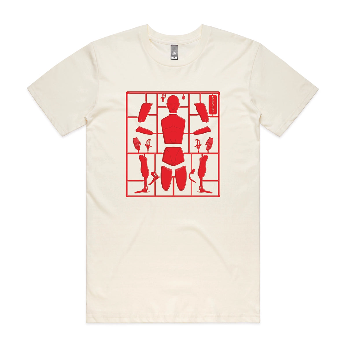 Ecru unisex t-shirt with Some Assembly Required graphic by Lonely Kids Club