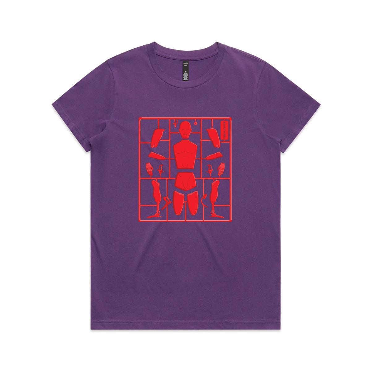 Purple fitted womens t-shirt with Some Assembly Required graphic by Lonely Kids Club