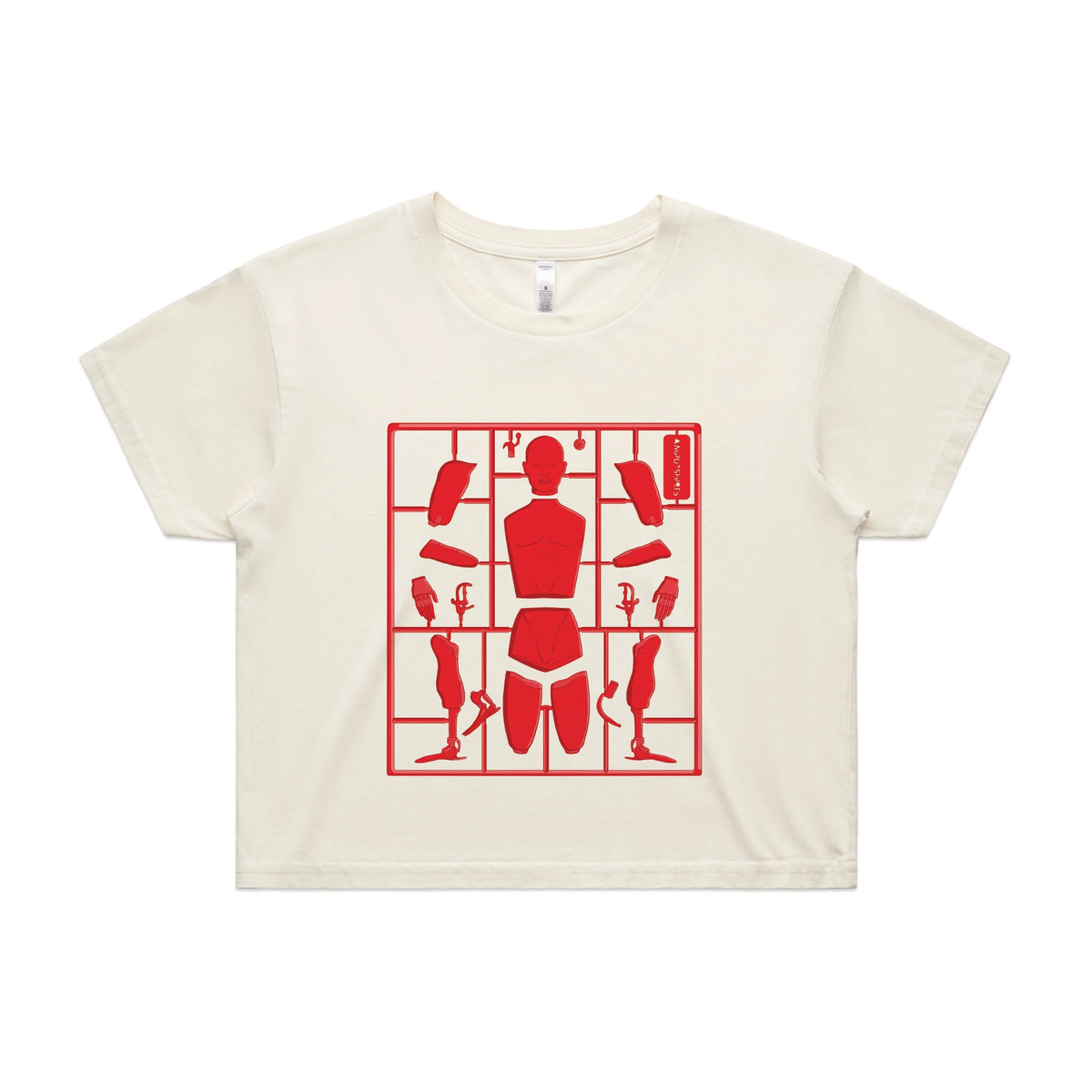 Ecru crop top with Some Assembly Required graphic by Lonely Kids Club