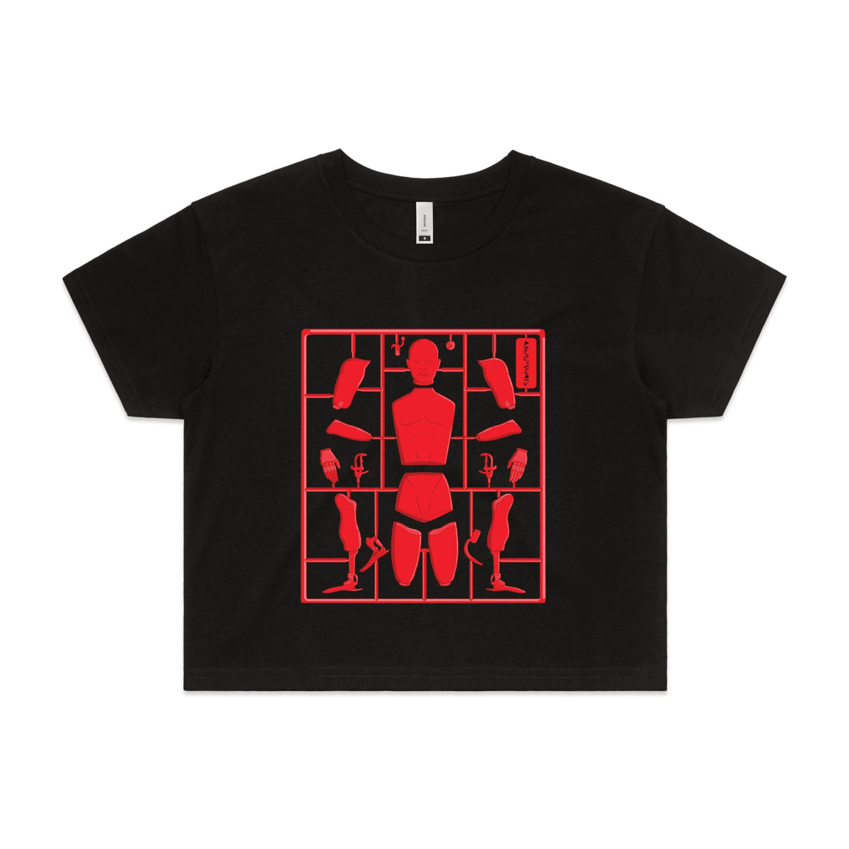Black crop top with Some Assembly Required graphic by Lonely Kids Club