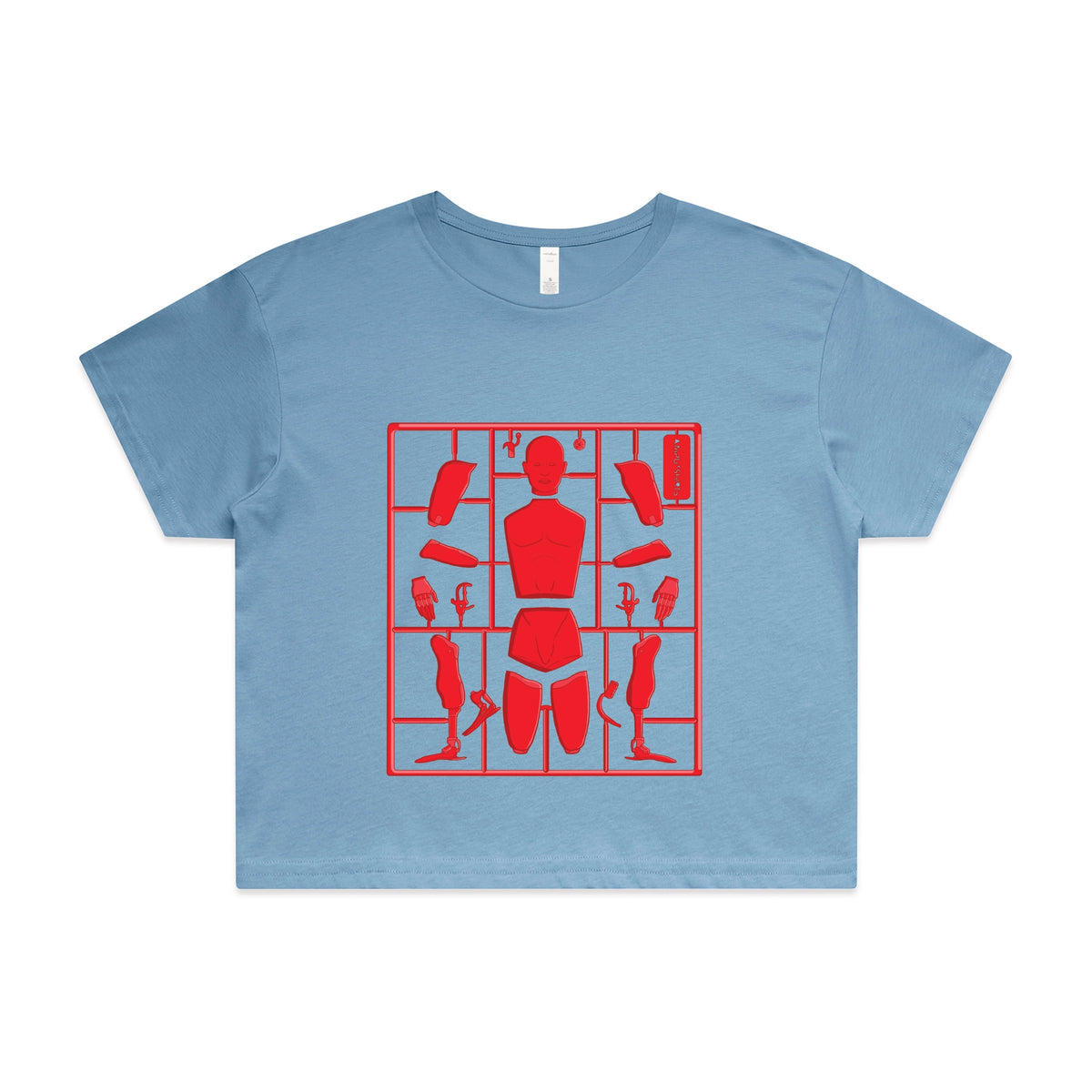 Carolina Blue crop top with Some Assembly Required graphic by Lonely Kids Club