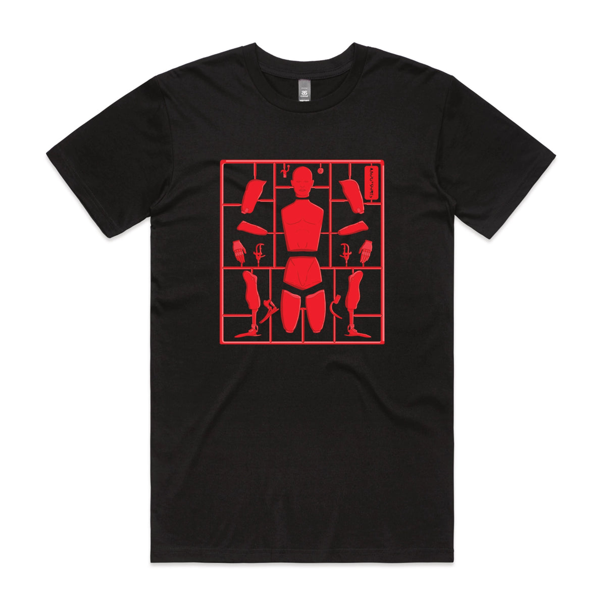 Black unisex t-shirt with Some Assembly Required graphic by Lonely Kids Club