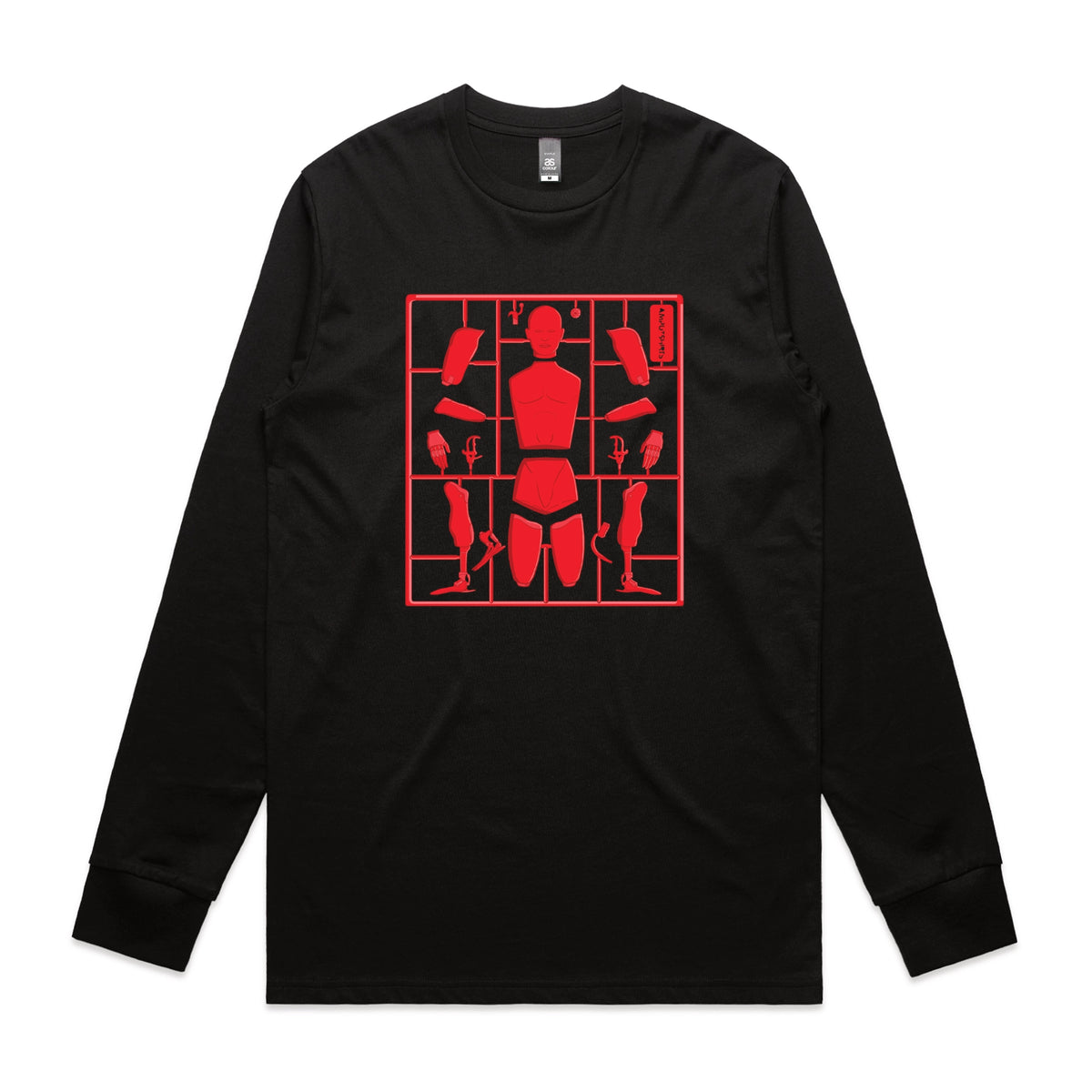 Black long sleeve t-shirt with Some Assembly Required graphic by Lonely Kids Club