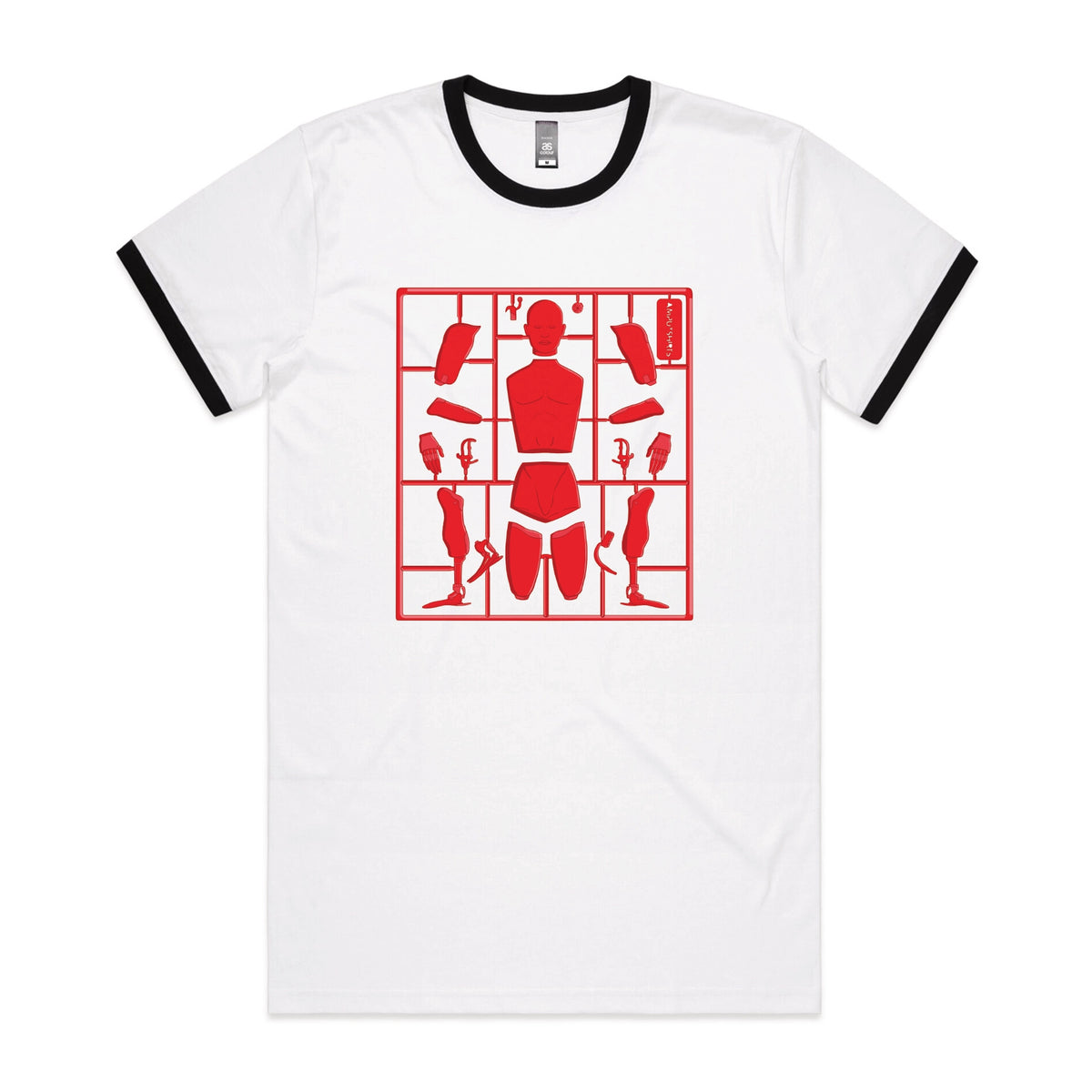 Black/White Ringer unisex t-shirt with Some Assembly Required graphic by Lonely Kids Club