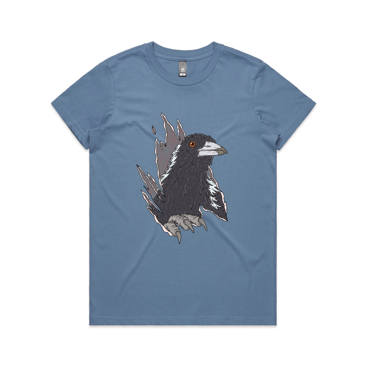 Carolina Blue fitted womens t-shirt with Magpie Attack graphic by Lonely Kids Club