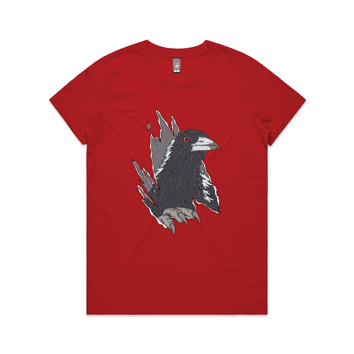 Red fitted womens t-shirt with Magpie Attack graphic by Lonely Kids Club