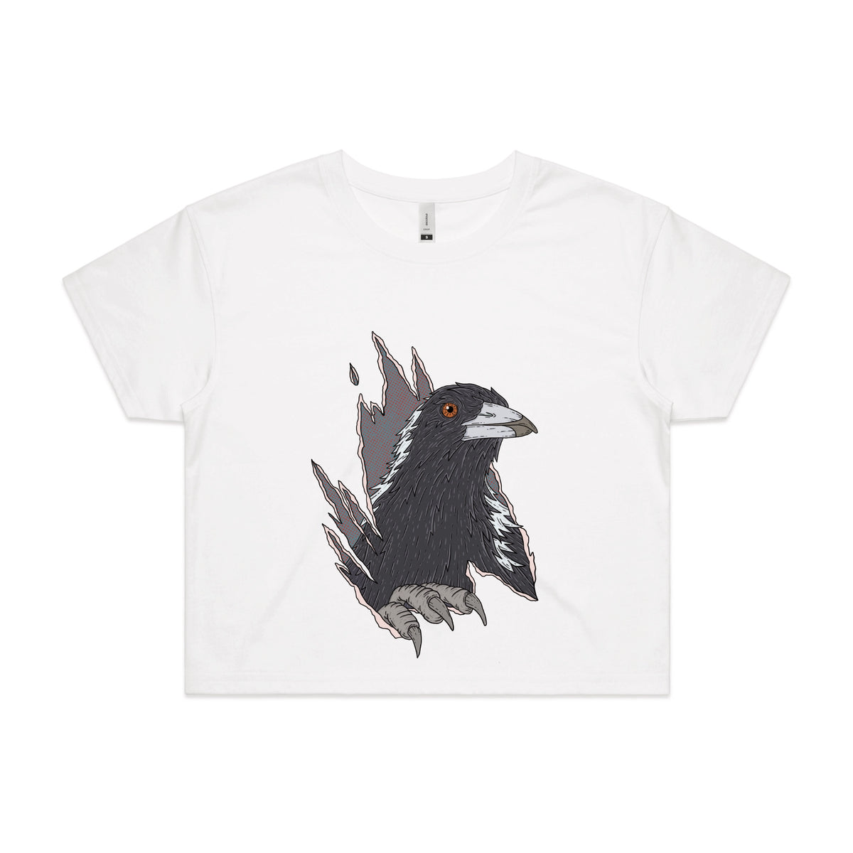 White crop top with Magpie Attack graphic by Lonely Kids Club