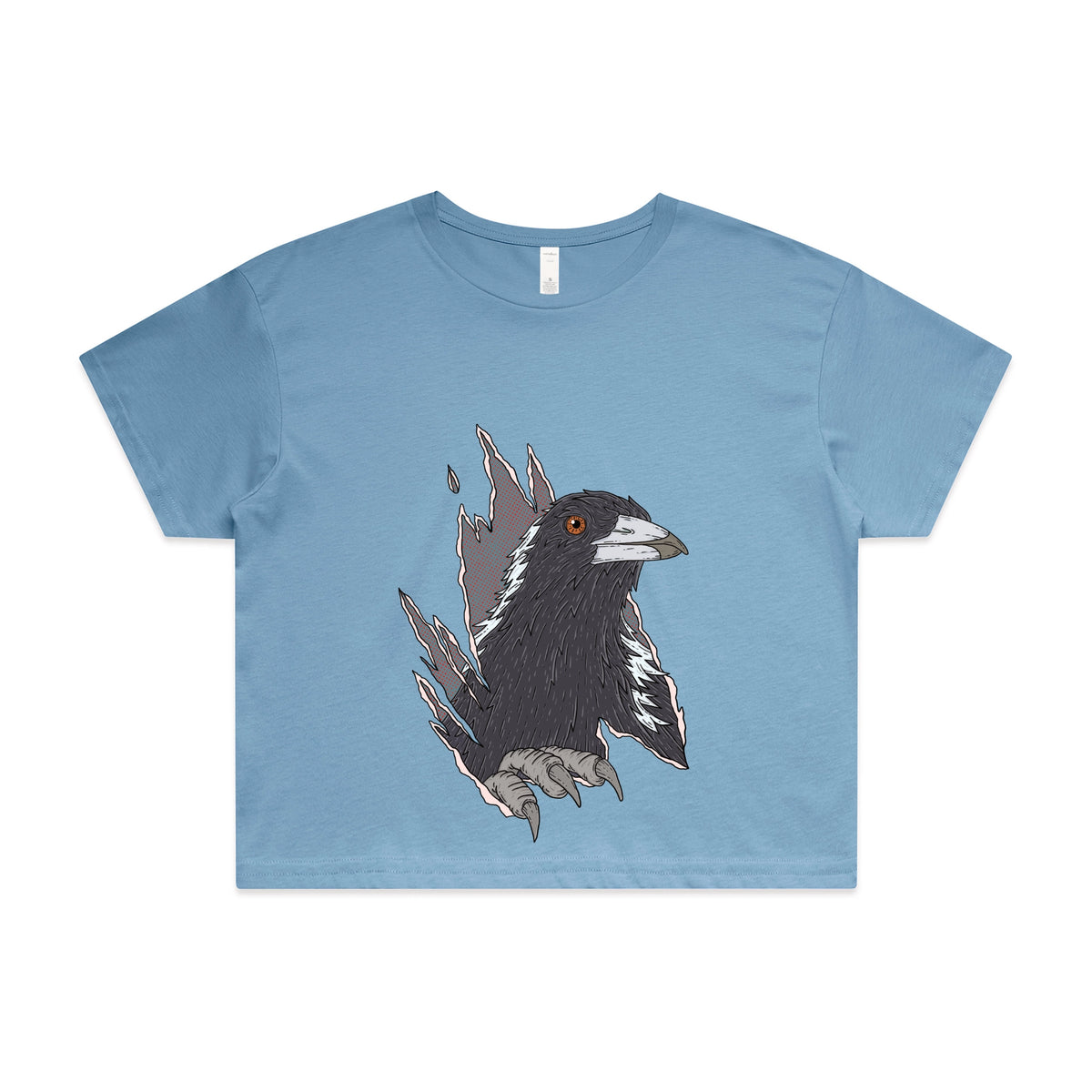 Carolina Blue crop top with Magpie Attack graphic by Lonely Kids Club
