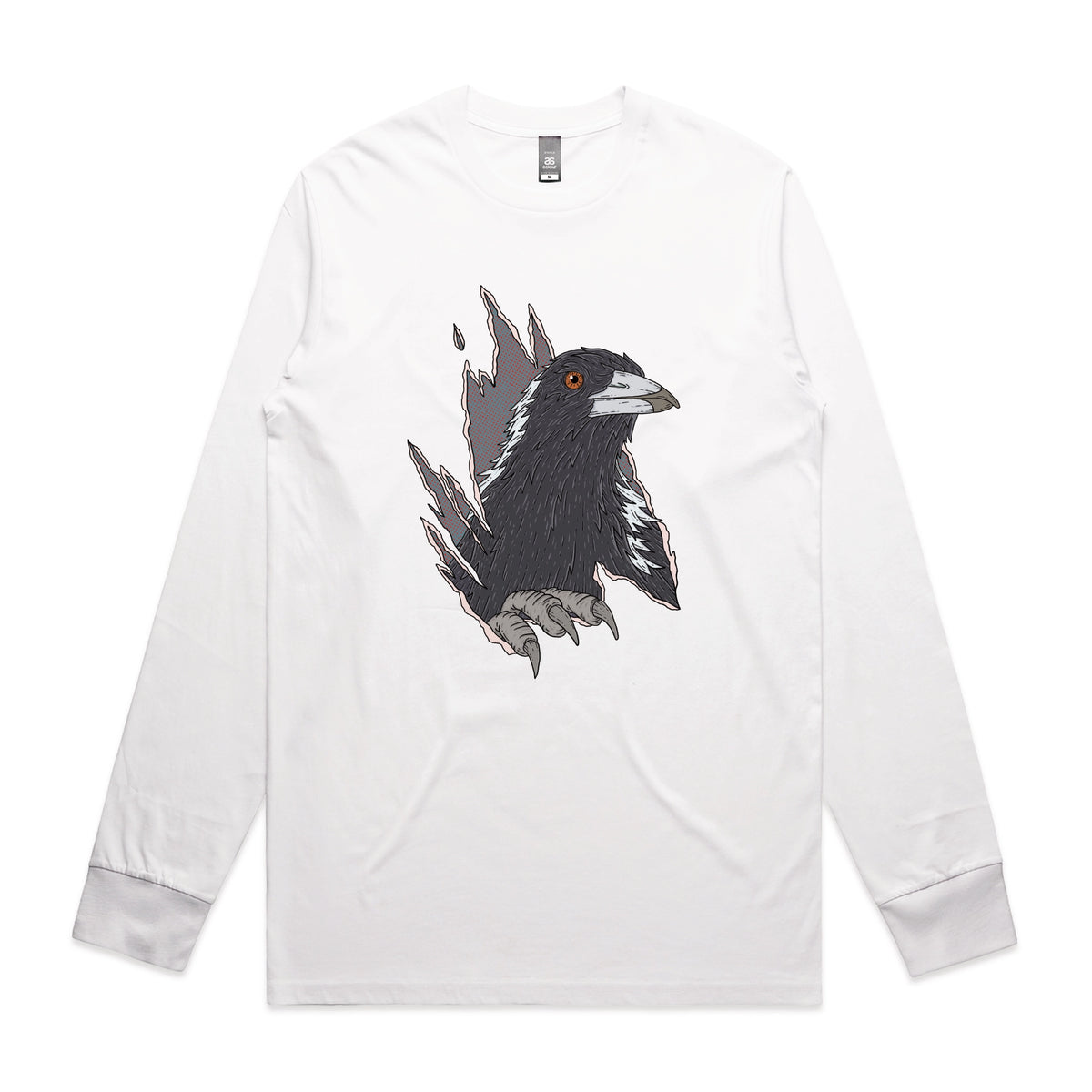 White long sleeve t-shirt with Magpie Attack graphic by Lonely Kids Club