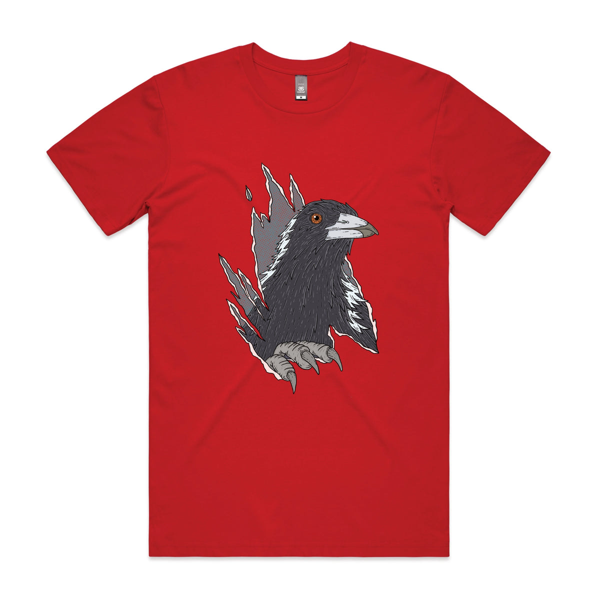 Red unisex t-shirt with Magpie Attack graphic by Lonely Kids Club
