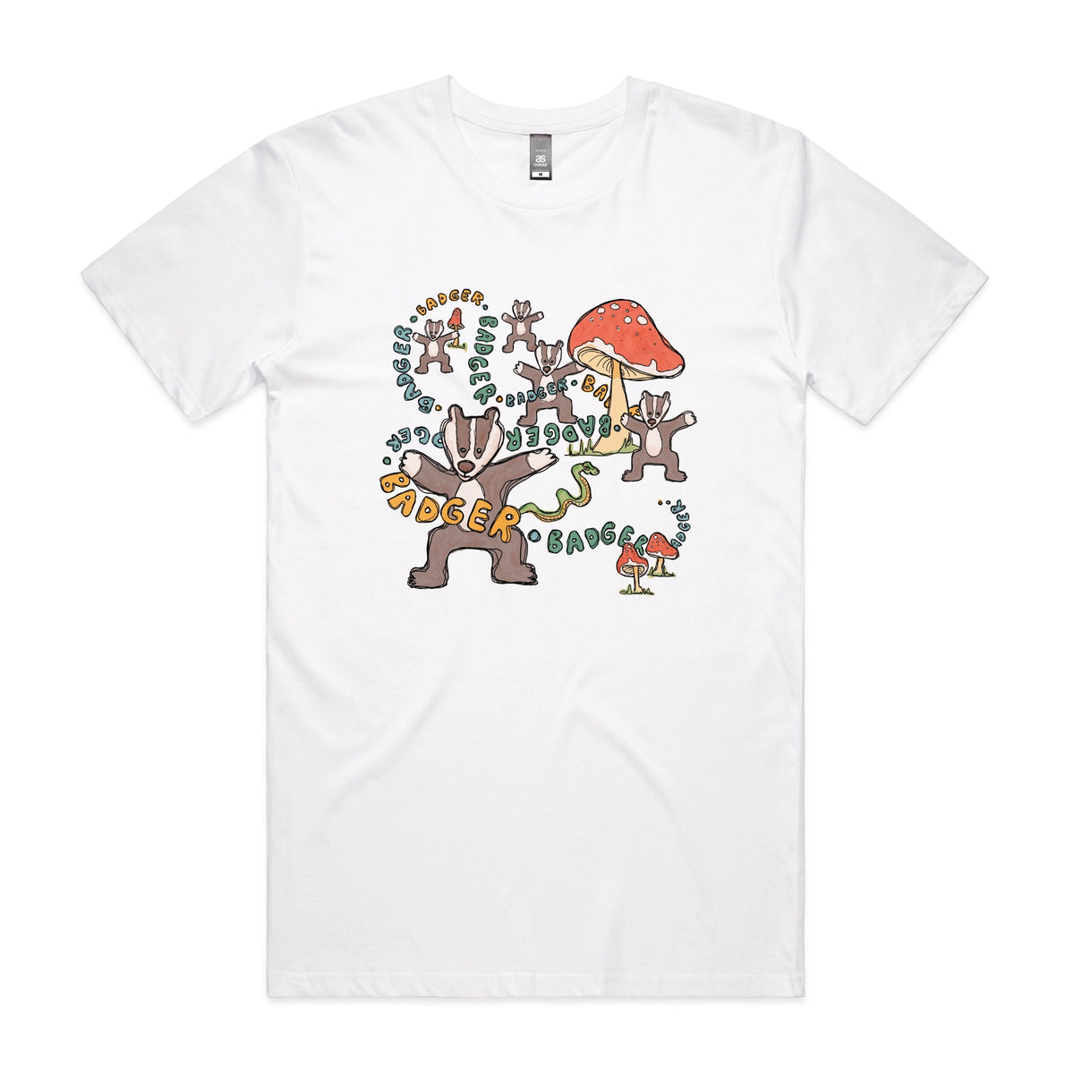 White unisex t-shirt with Badger Badger Badger graphic by Lonely Kids Club