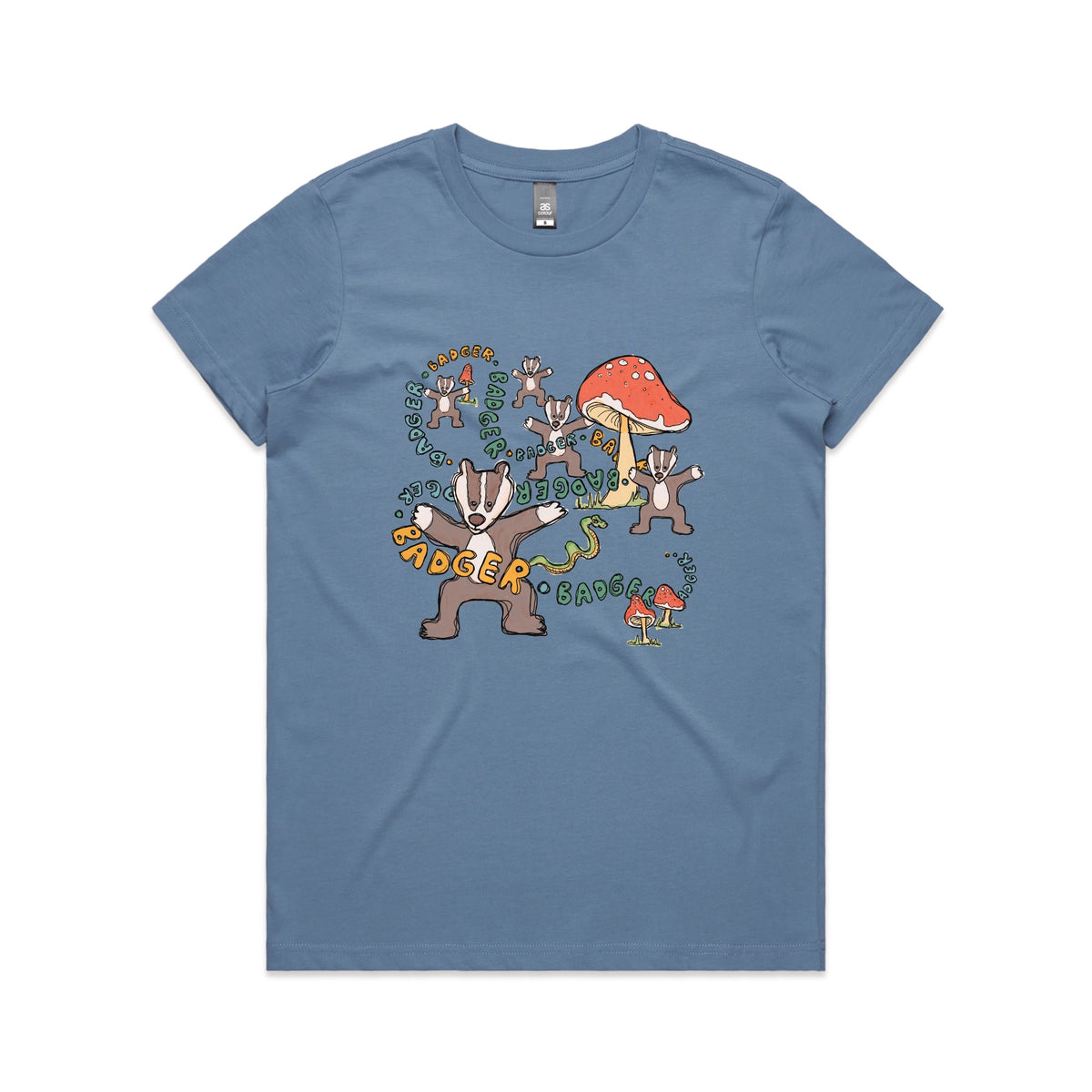 Carolina Blue fitted womens t-shirt with Badger Badger Badger graphic by Lonely Kids Club