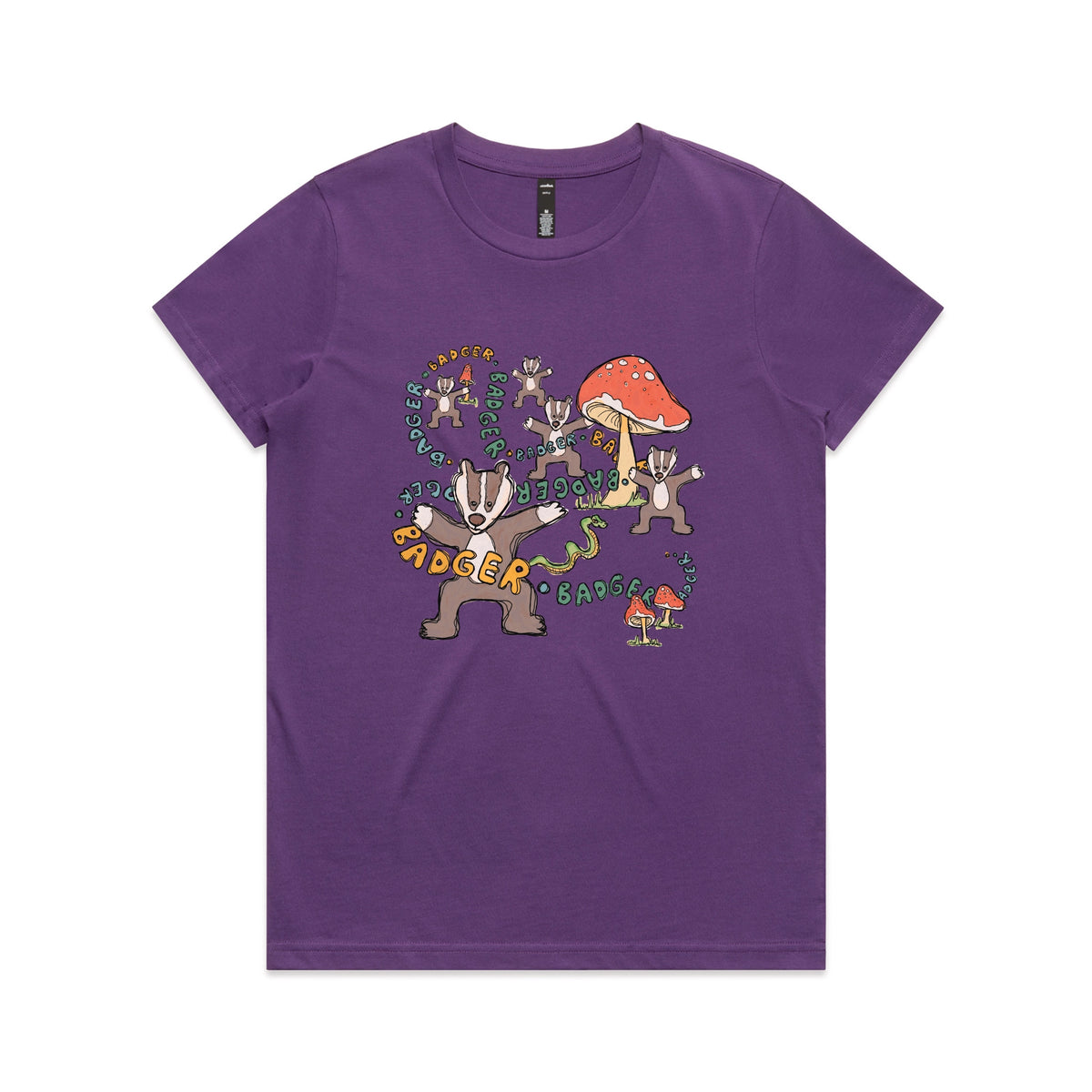 Purple fitted womens t-shirt with Badger Badger Badger graphic by Lonely Kids Club