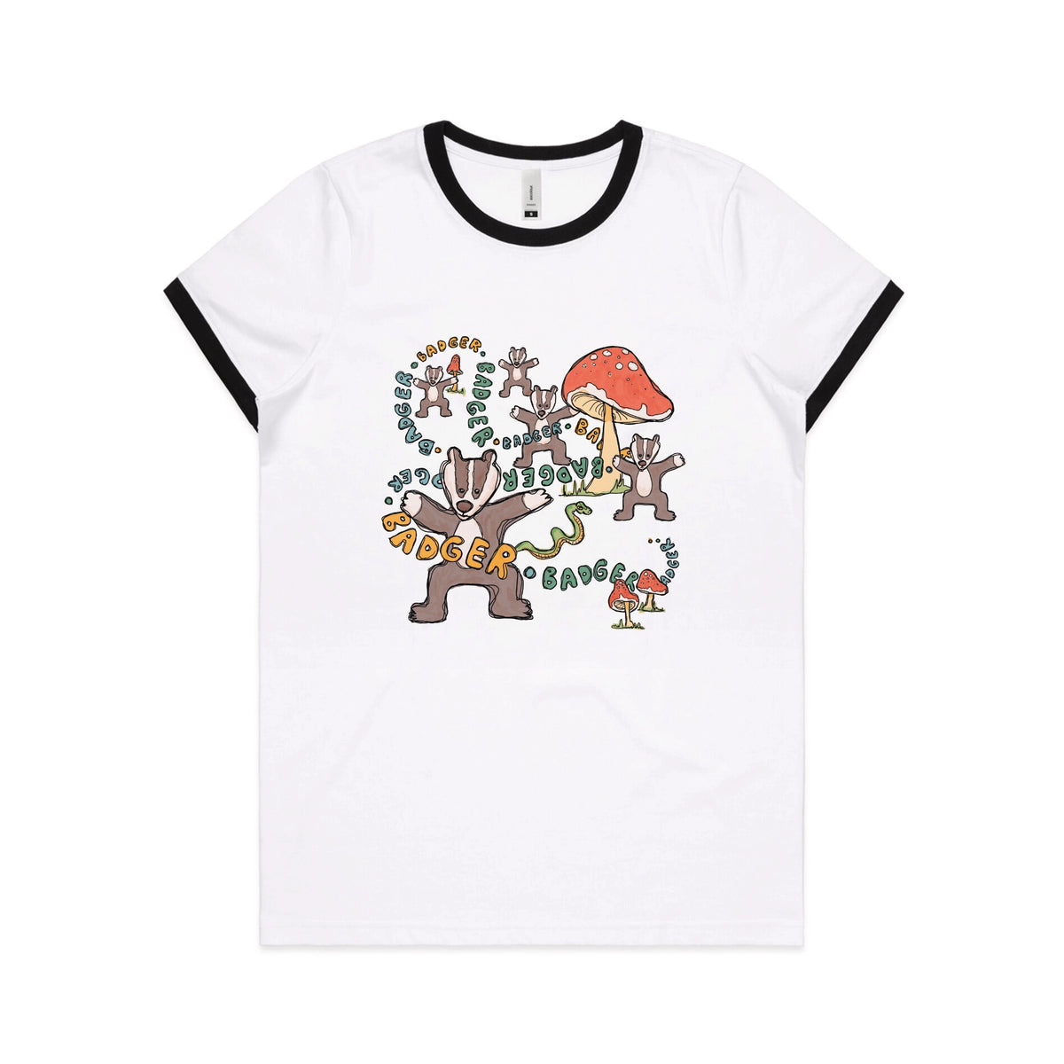 Black/White Ringer fitted womens t-shirt with Badger Badger Badger graphic by Lonely Kids Club