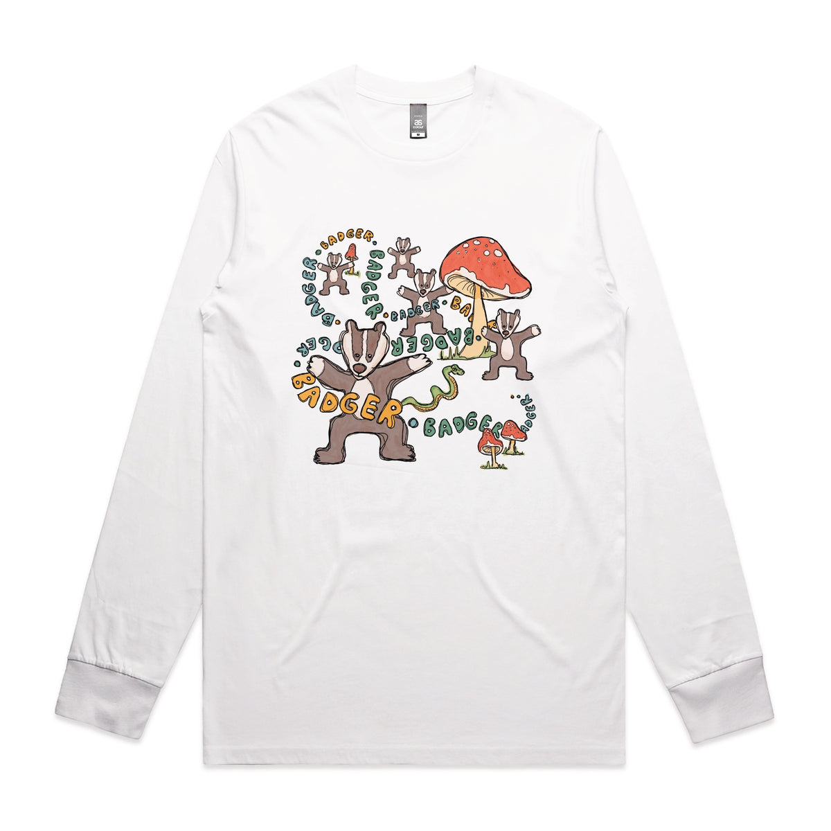 White long sleeve t-shirt with Badger Badger Badger graphic by Lonely Kids Club