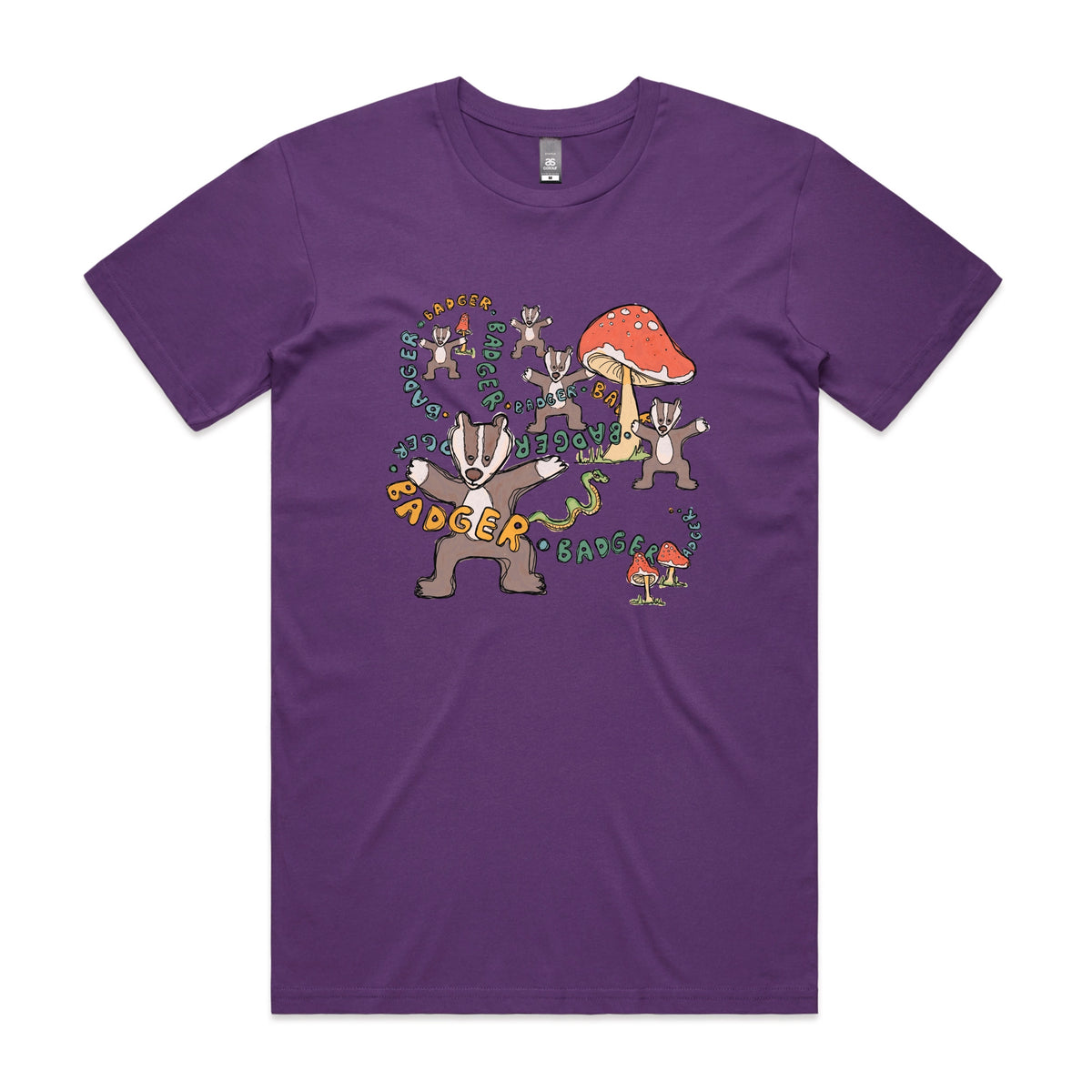 Purple unisex t-shirt with Badger Badger Badger graphic by Lonely Kids Club