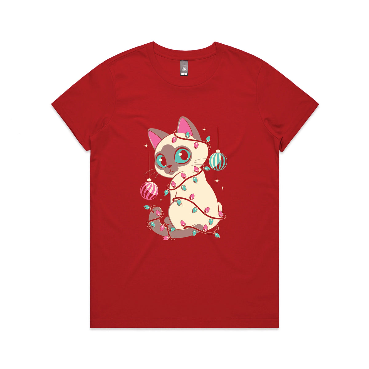 Red fitted womens t-shirt with Bauble Cat graphic by Lonely Kids Club