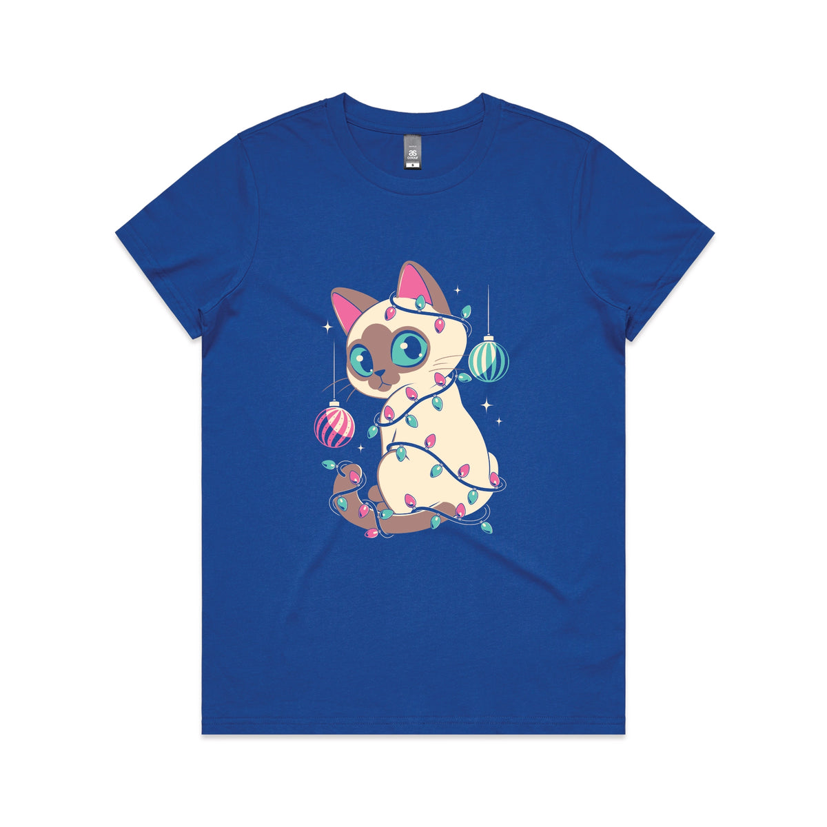 Royal Blue fitted womens t-shirt with Bauble Cat graphic by Lonely Kids Club