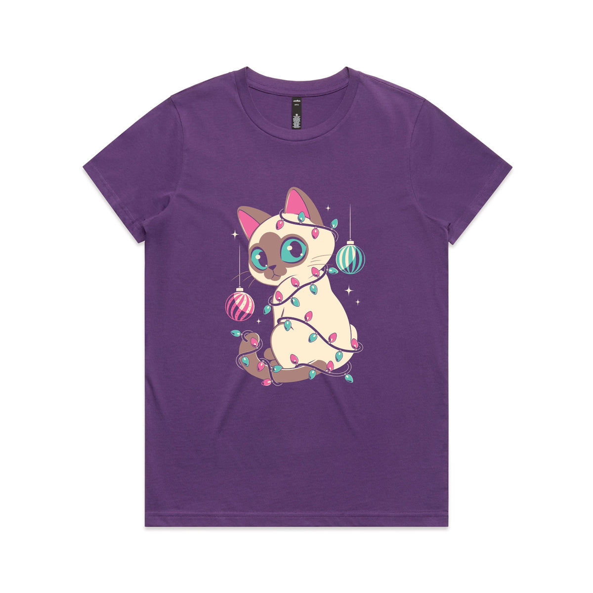Purple fitted womens t-shirt with Bauble Cat graphic by Lonely Kids Club