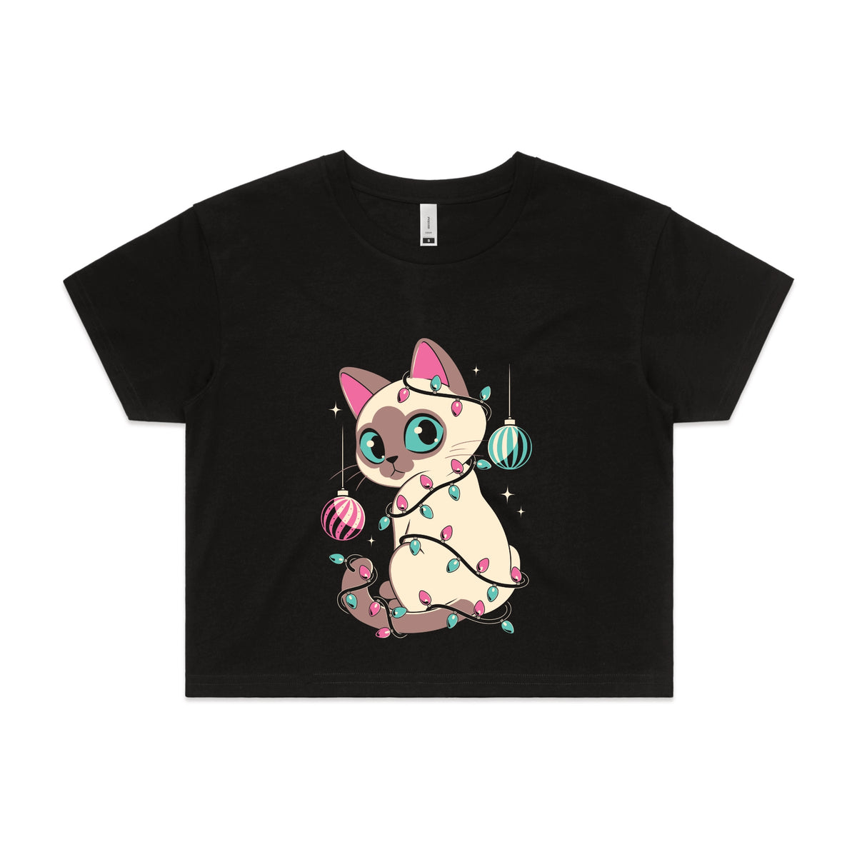 Black crop top with Bauble Cat graphic by Lonely Kids Club