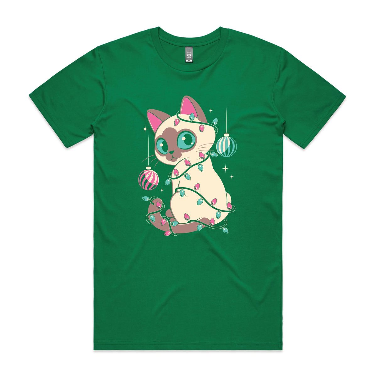 Green unisex t-shirt with Bauble Cat graphic by Lonely Kids Club