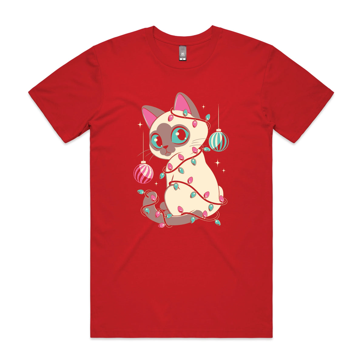 Red unisex t-shirt with Bauble Cat graphic by Lonely Kids Club