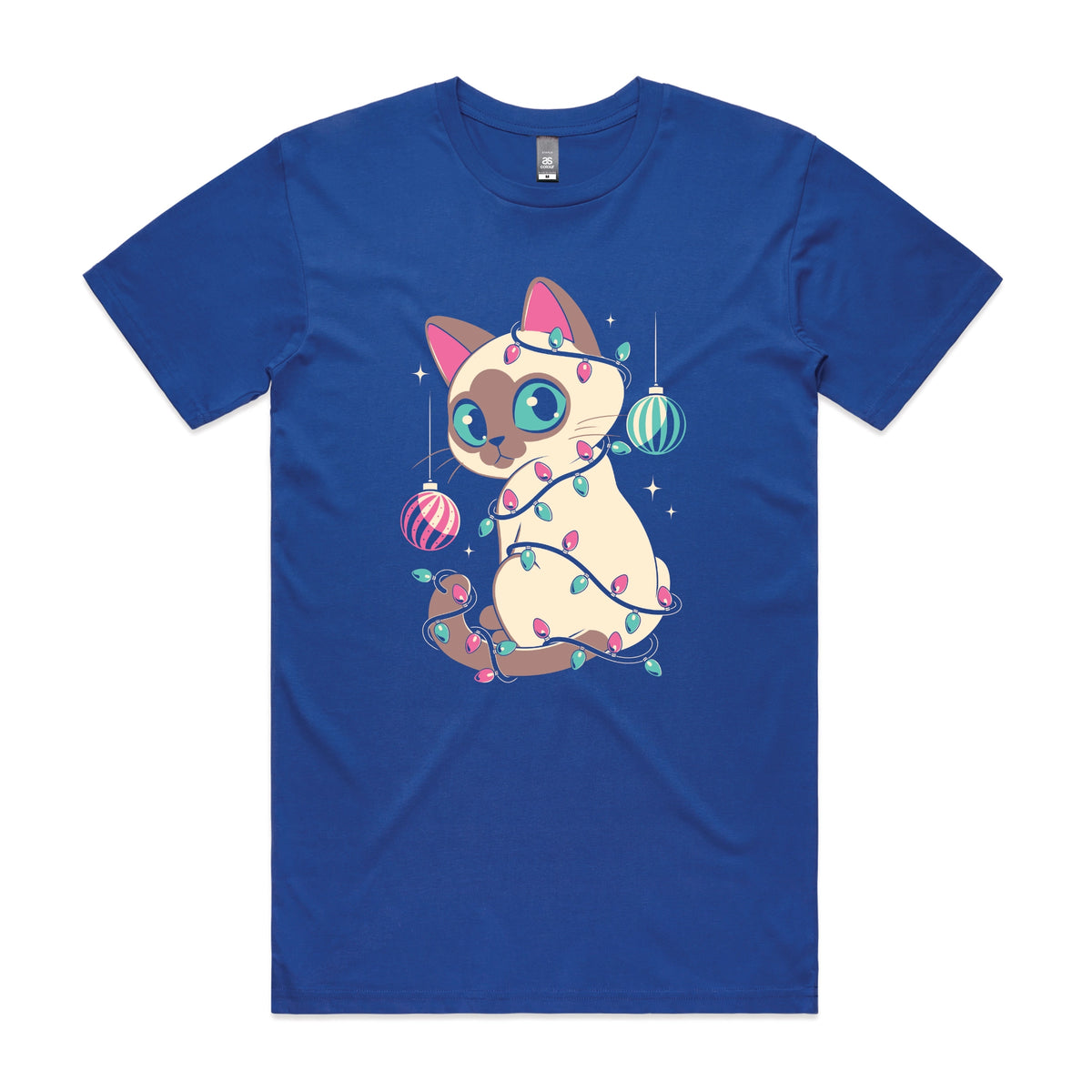 Royal Blue unisex t-shirt with Bauble Cat graphic by Lonely Kids Club