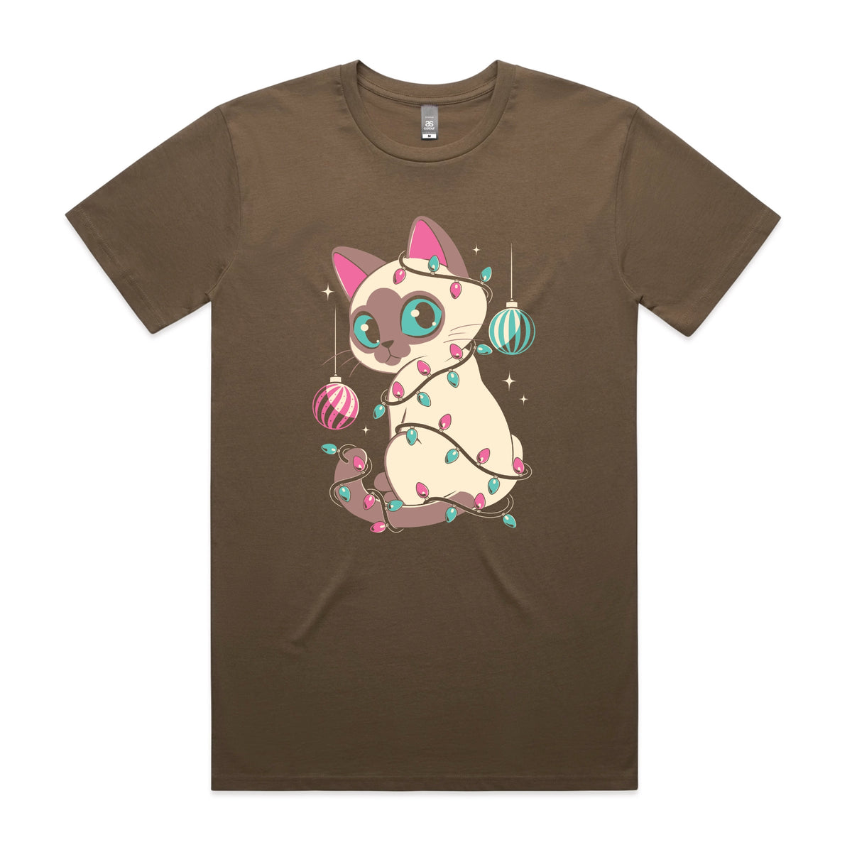 Walnut unisex t-shirt with Bauble Cat graphic by Lonely Kids Club