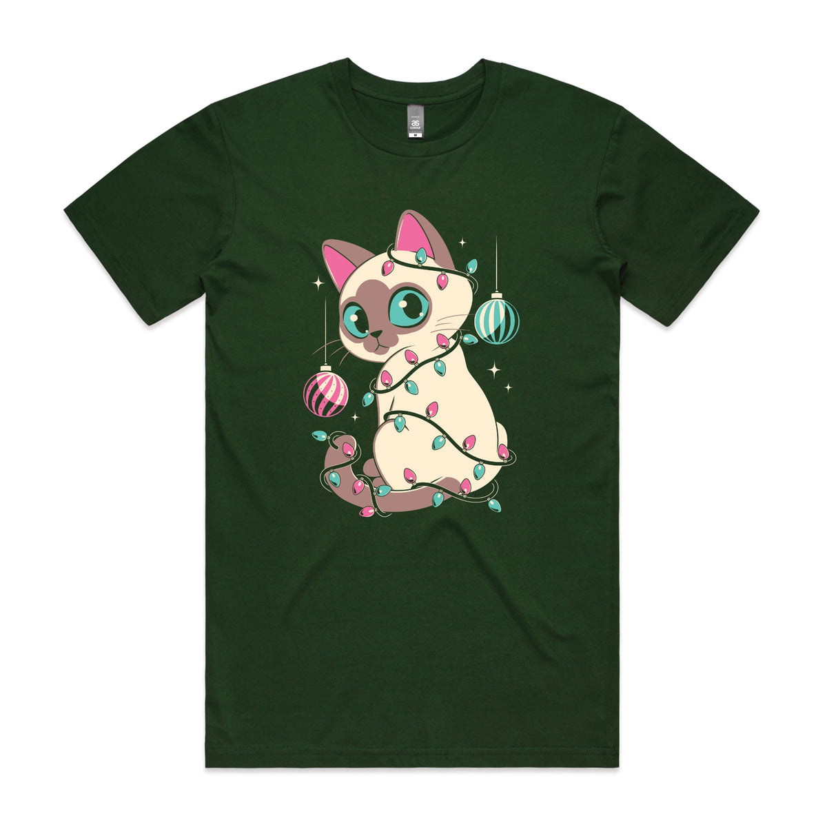 Forest Green unisex t-shirt with Bauble Cat graphic by Lonely Kids Club